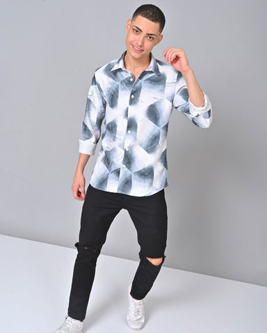 Men's Grey & White Tencel Full Sleeve Printed Shirt Online