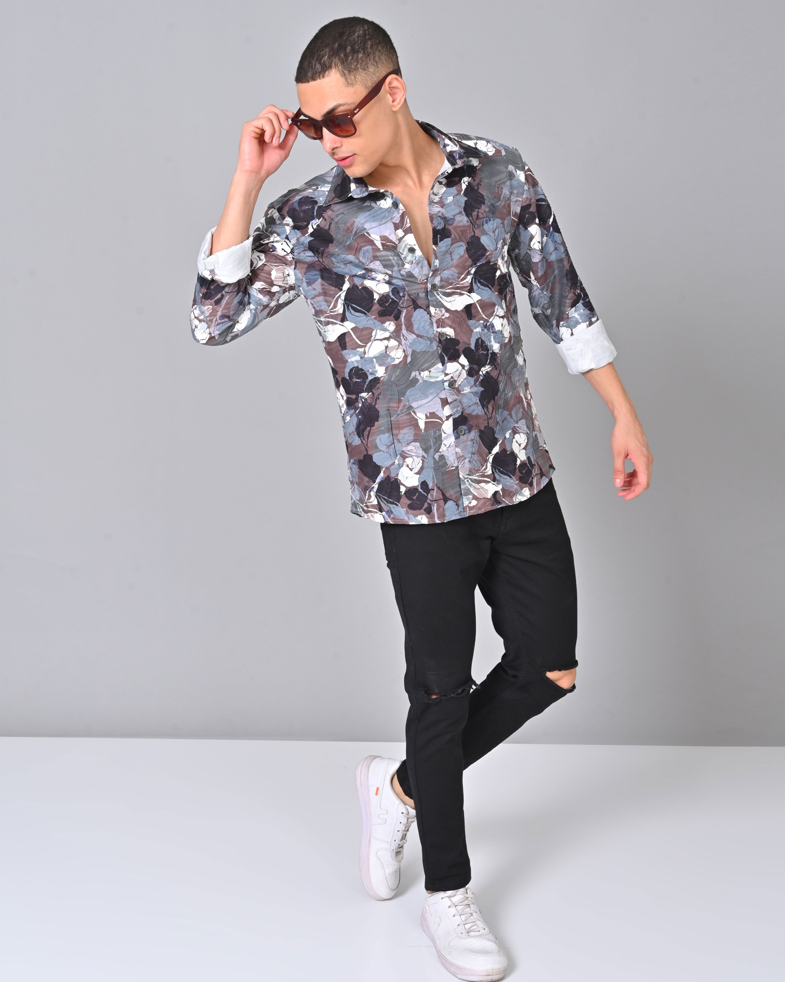 Men's Floral Grey Printed Full Sleeve Tencel Shirt Online