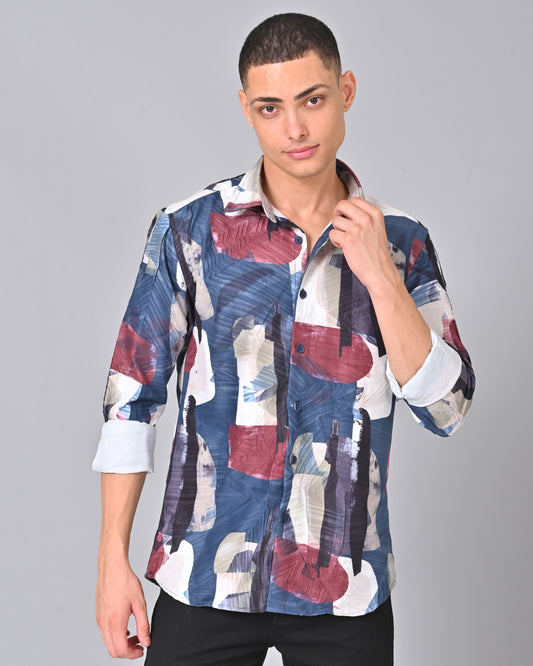 Men's Stylish Tencel Cotton Geometric Print Shirt - 018