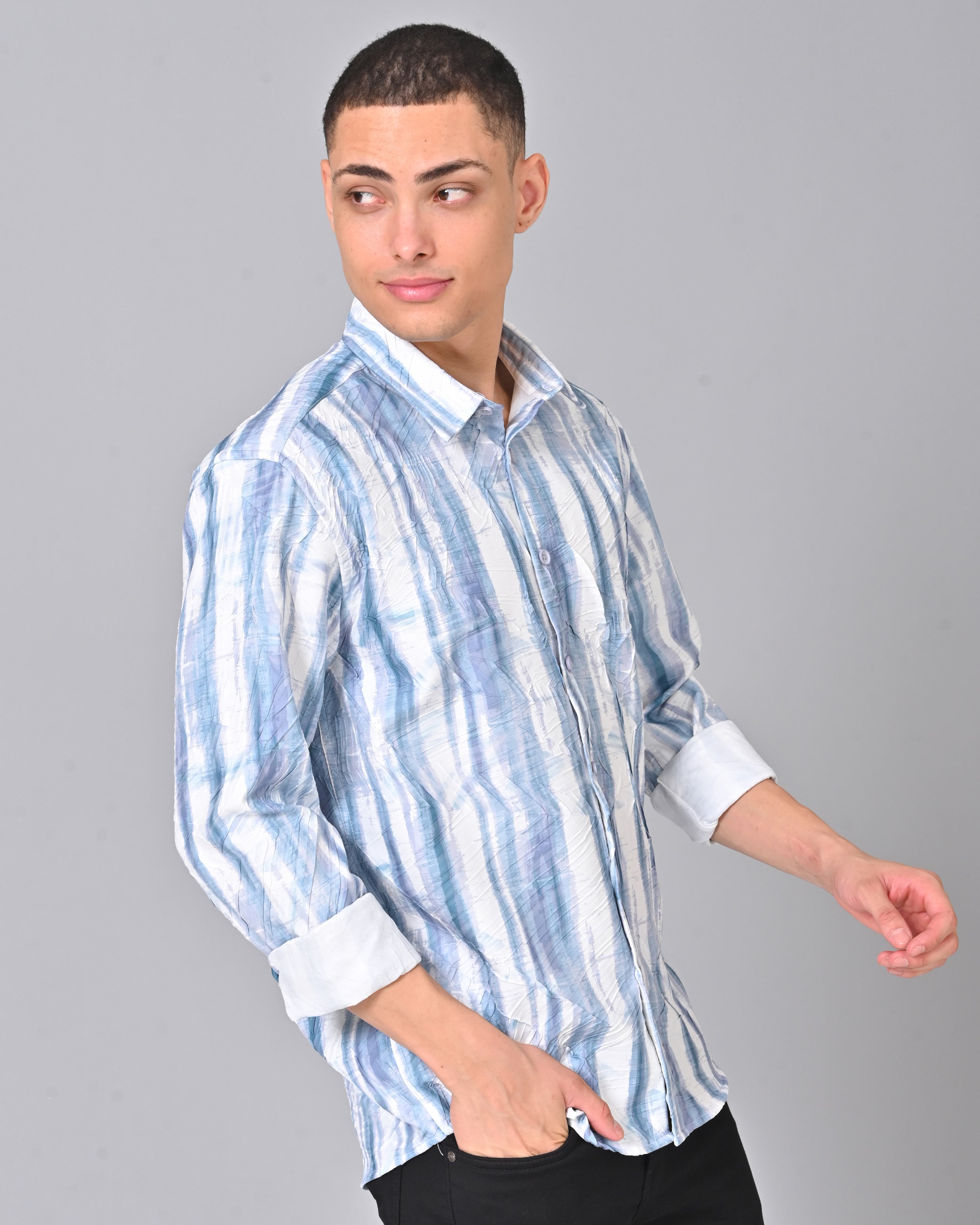 Men's Blue Stripes Tencel Full Sleeve Shirt Online