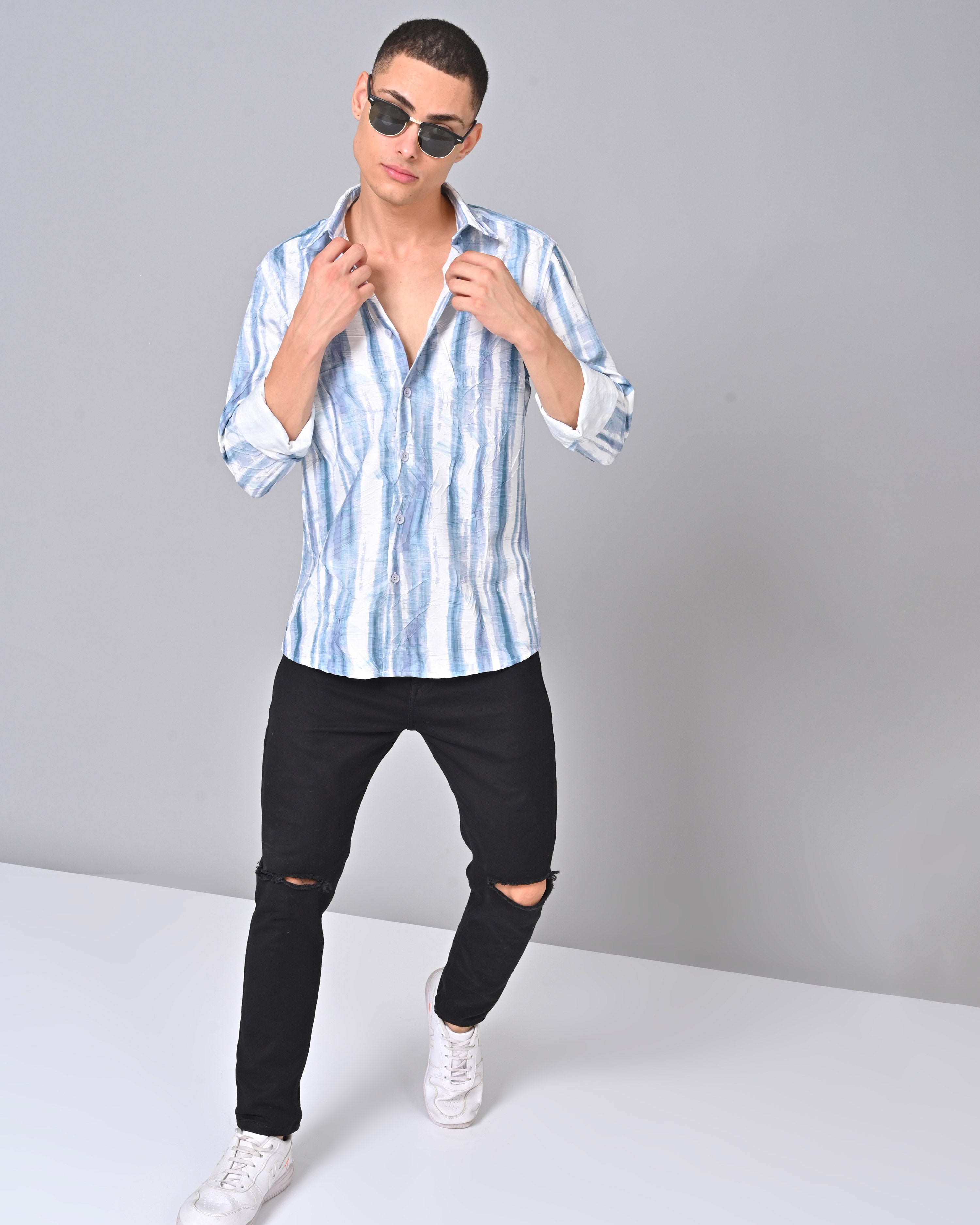 Men's Blue Stripes Tencel Full Sleeve Printed Shirt Online