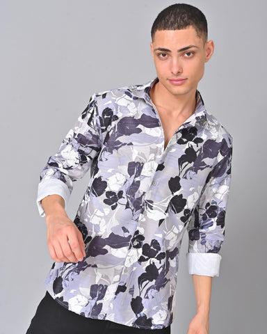 Men's Printed Blue & Grey Tencel Full Sleeve Shirt Online