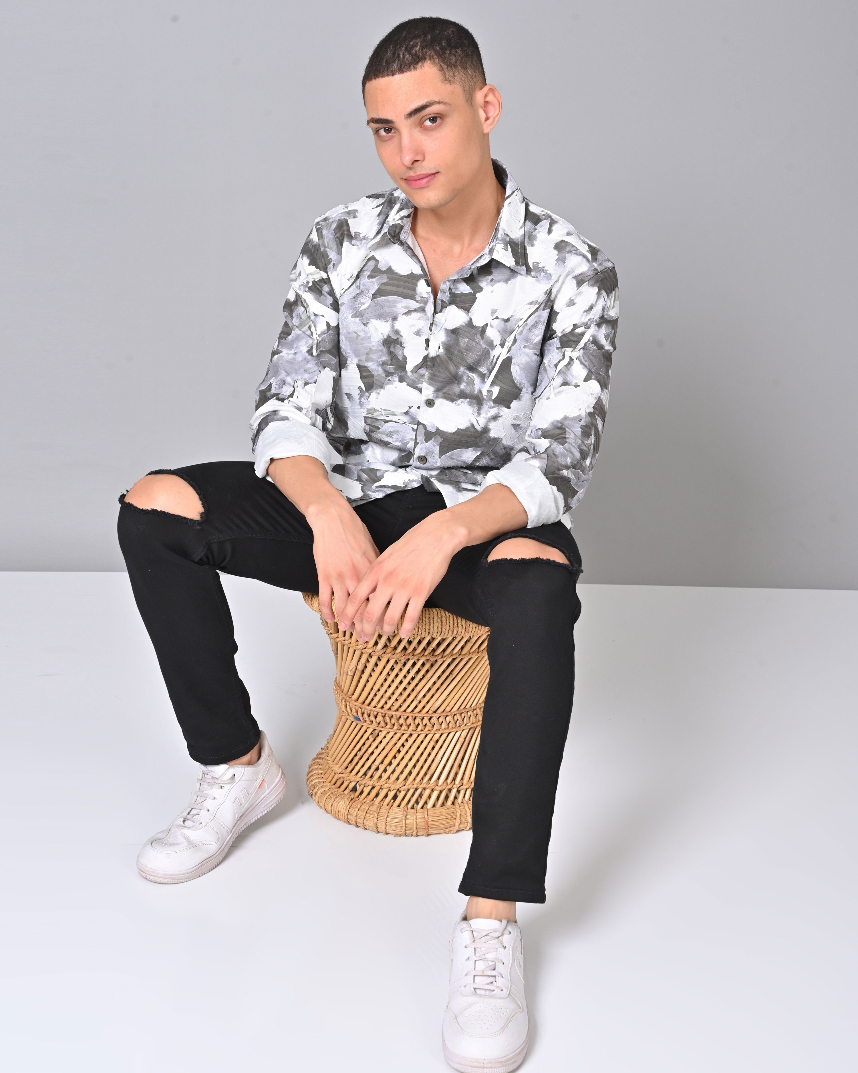 Men's Abstract White Full Sleeve Tencel Shirt Online