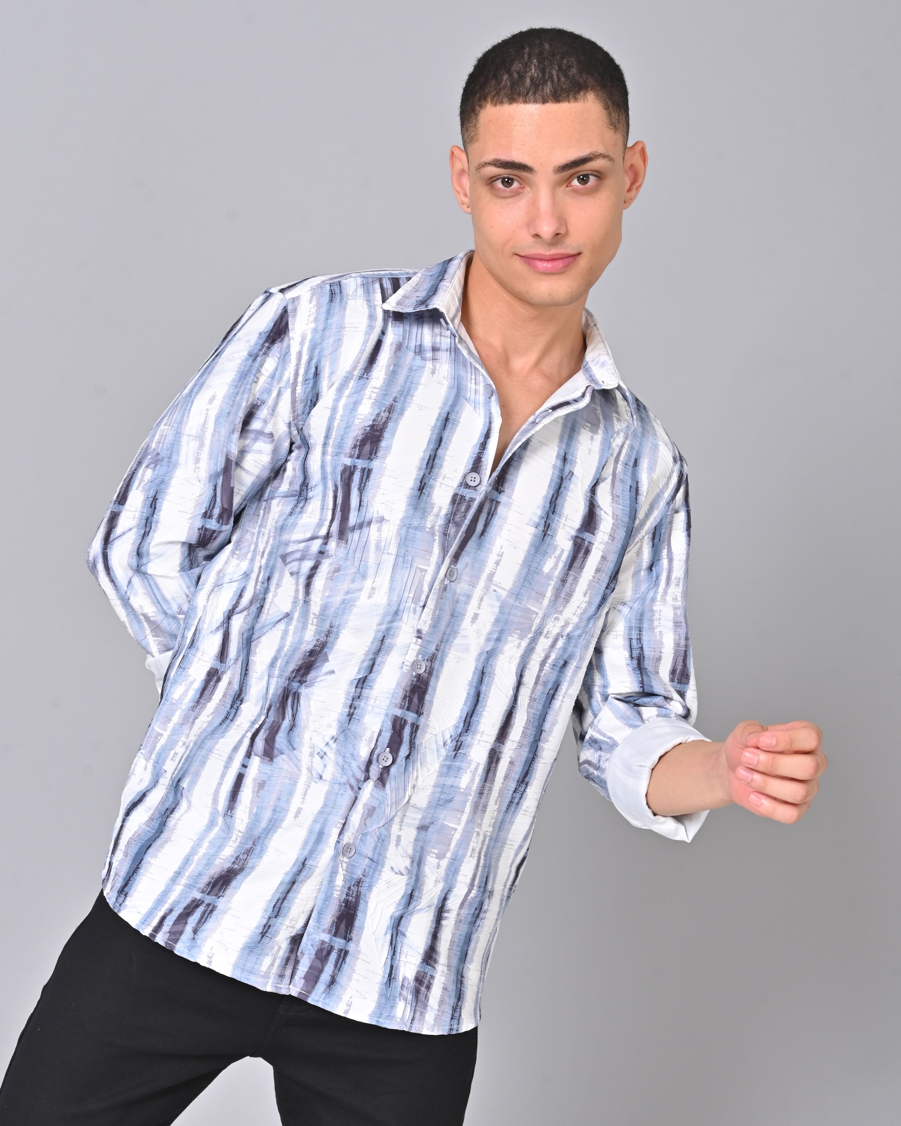 Men's Abstract White Full Sleeve Tencel Shirt Online