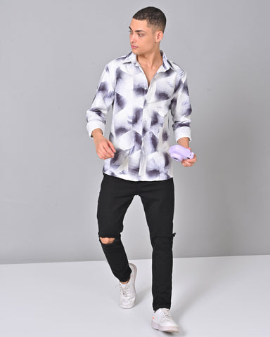 Men's Geometric White Tencel Full Sleeve Shirt Online
