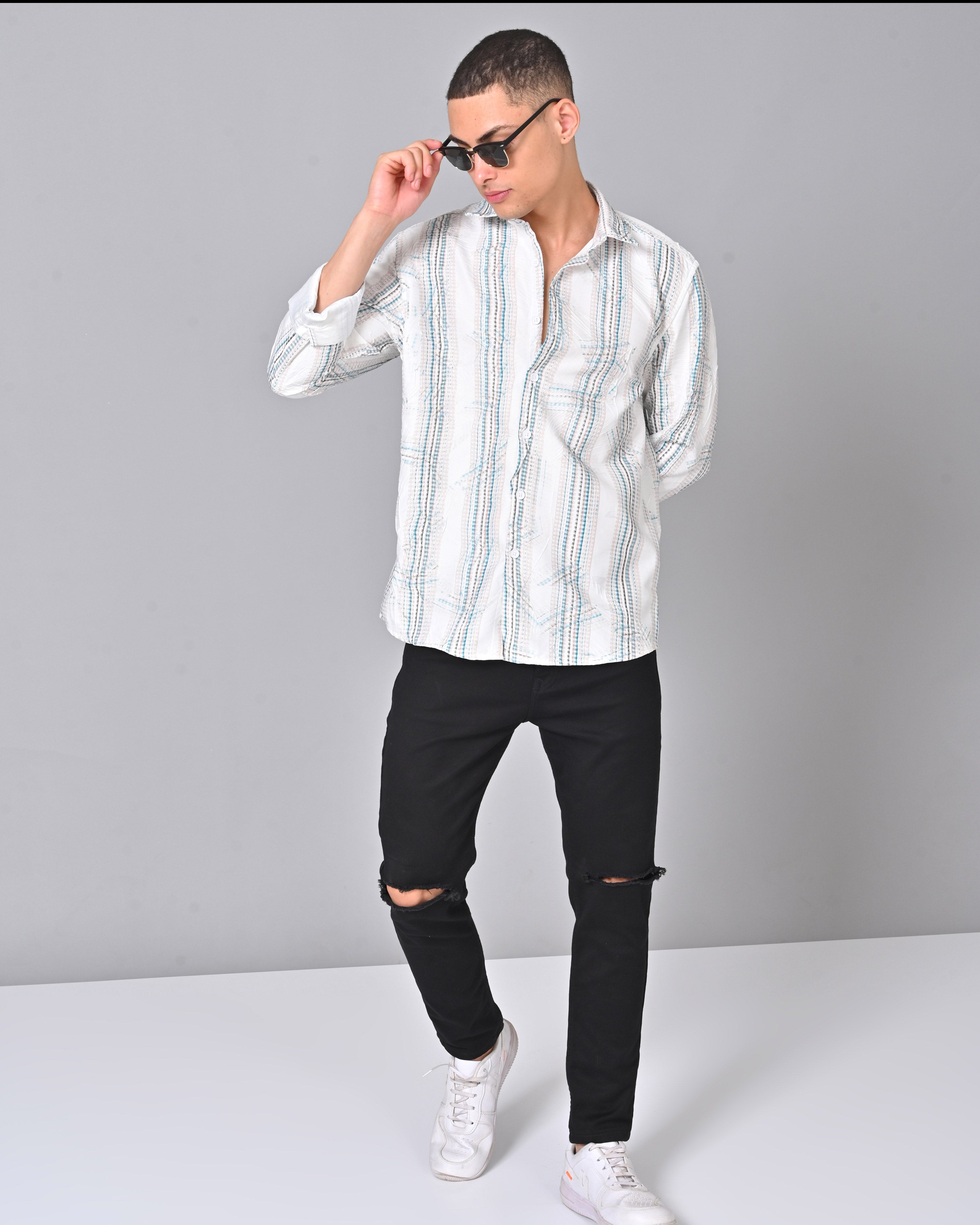 Shop Men's White Stripes Tencel Shirt Online 