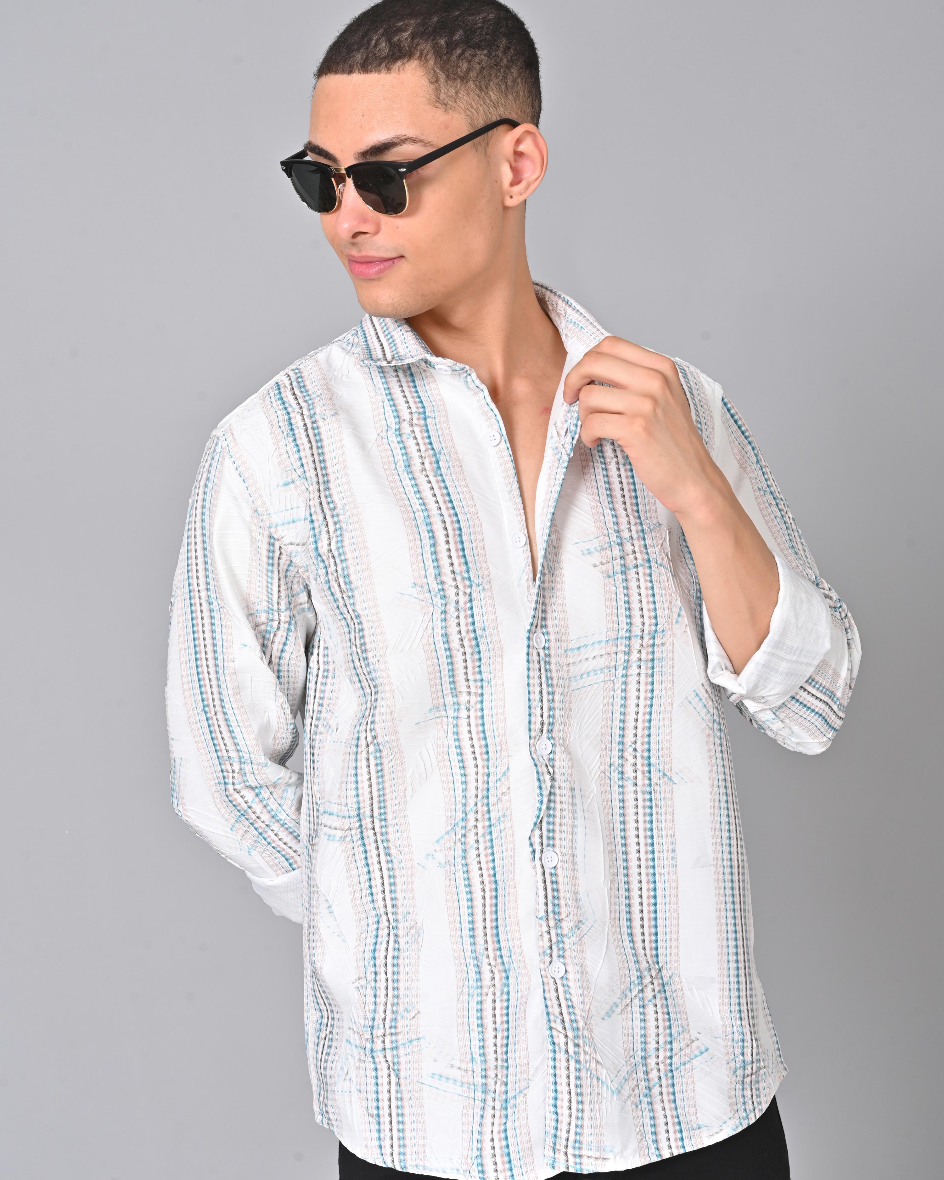 Men's White Stripes Tencel Full Sleeve Shirt Online 