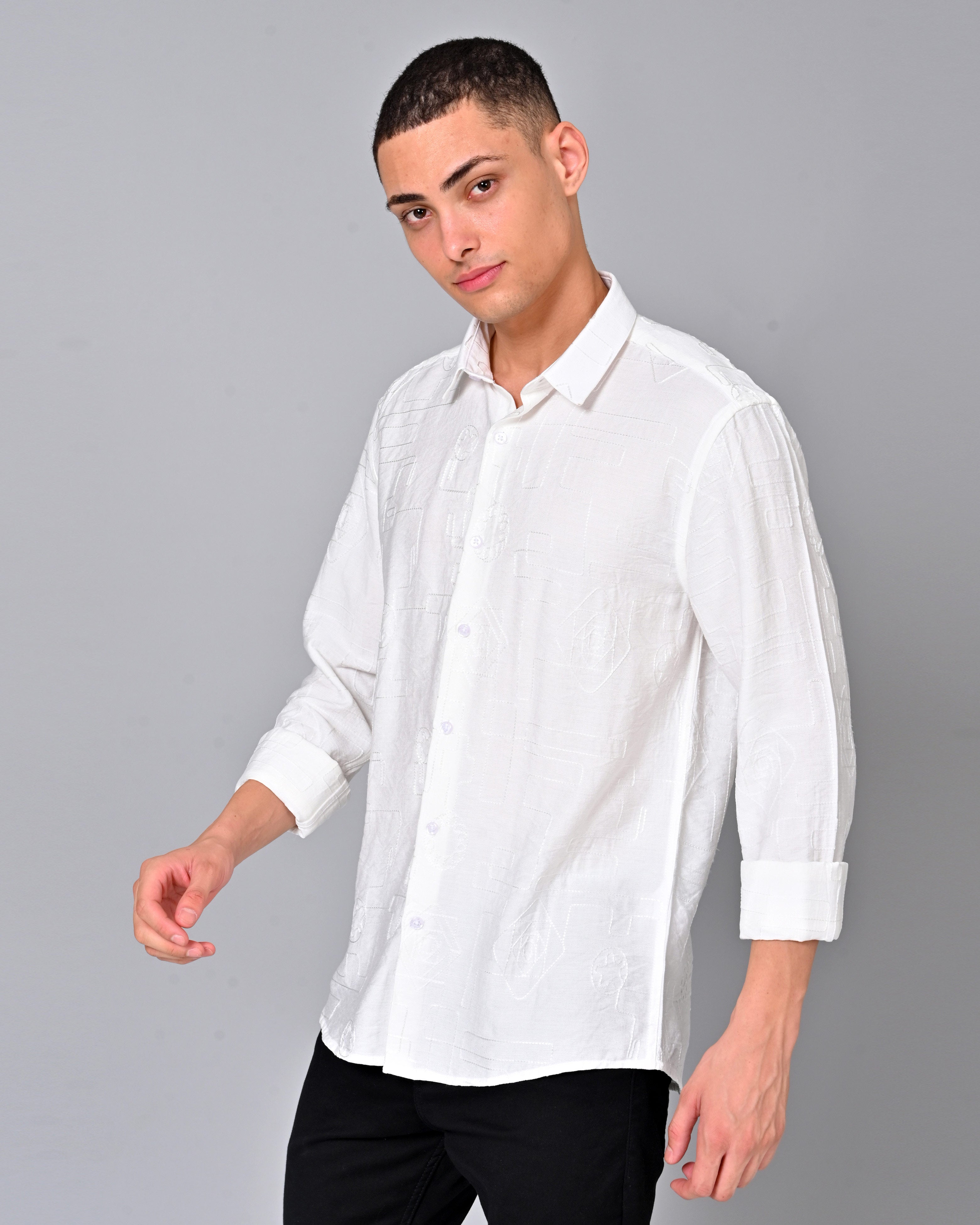 Men's Embroidered Cotton White Shirt
