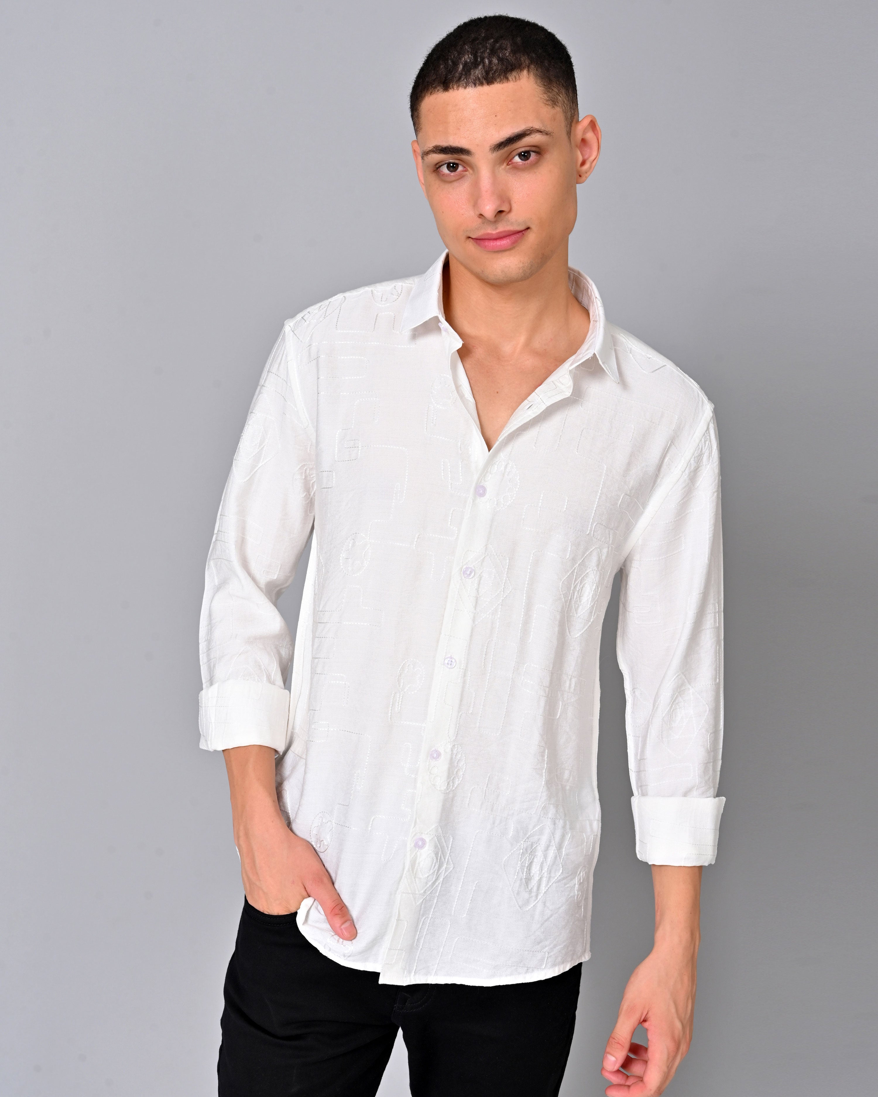 Shop Men's Embroidered Full Sleeve White Shirt Online