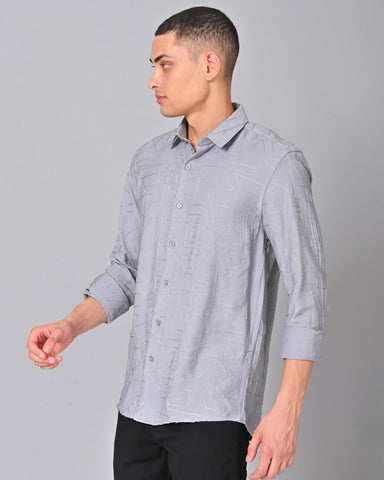 Men's Embroidered Light Slate Blue Cotton Shirt
