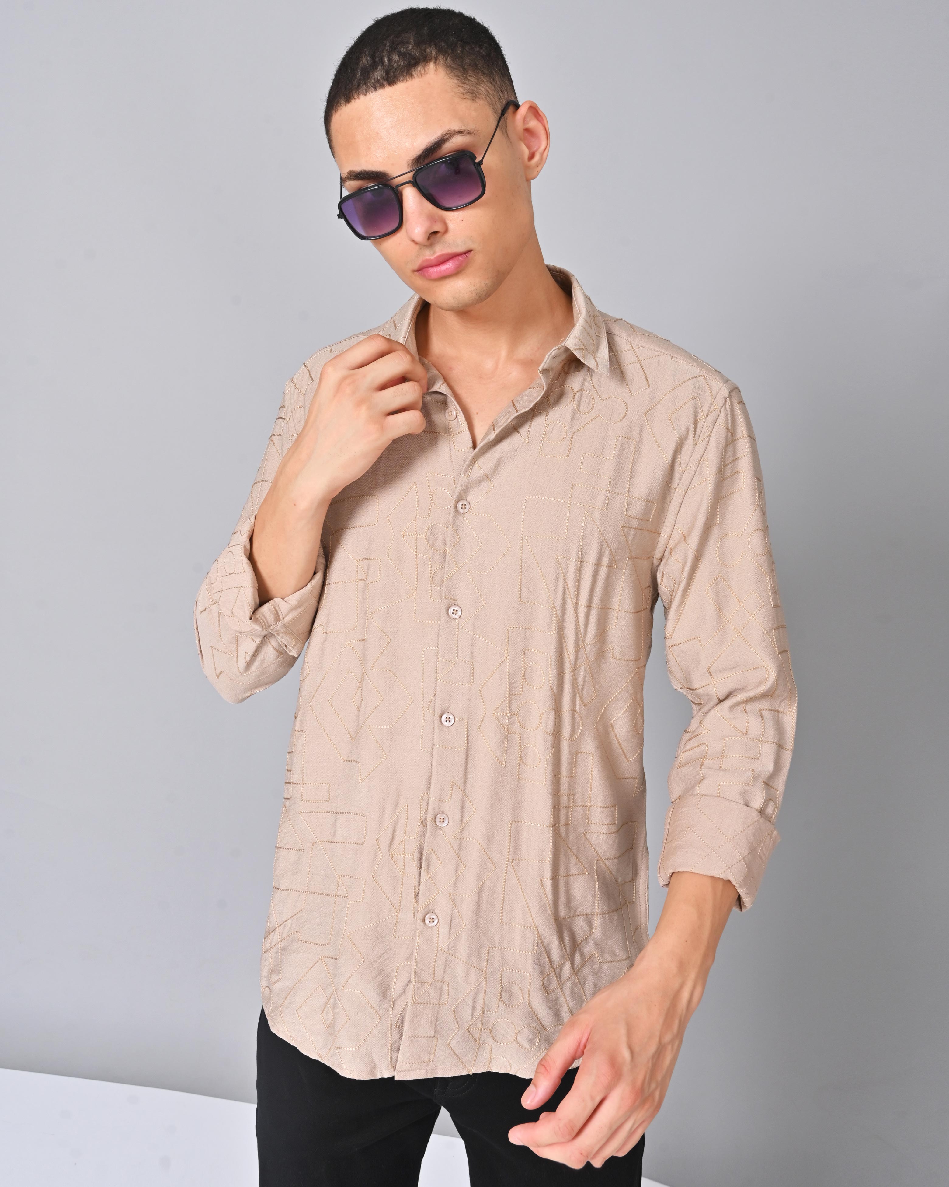 Shop Men's Embroidered Cotton Sand Color Shirt Online