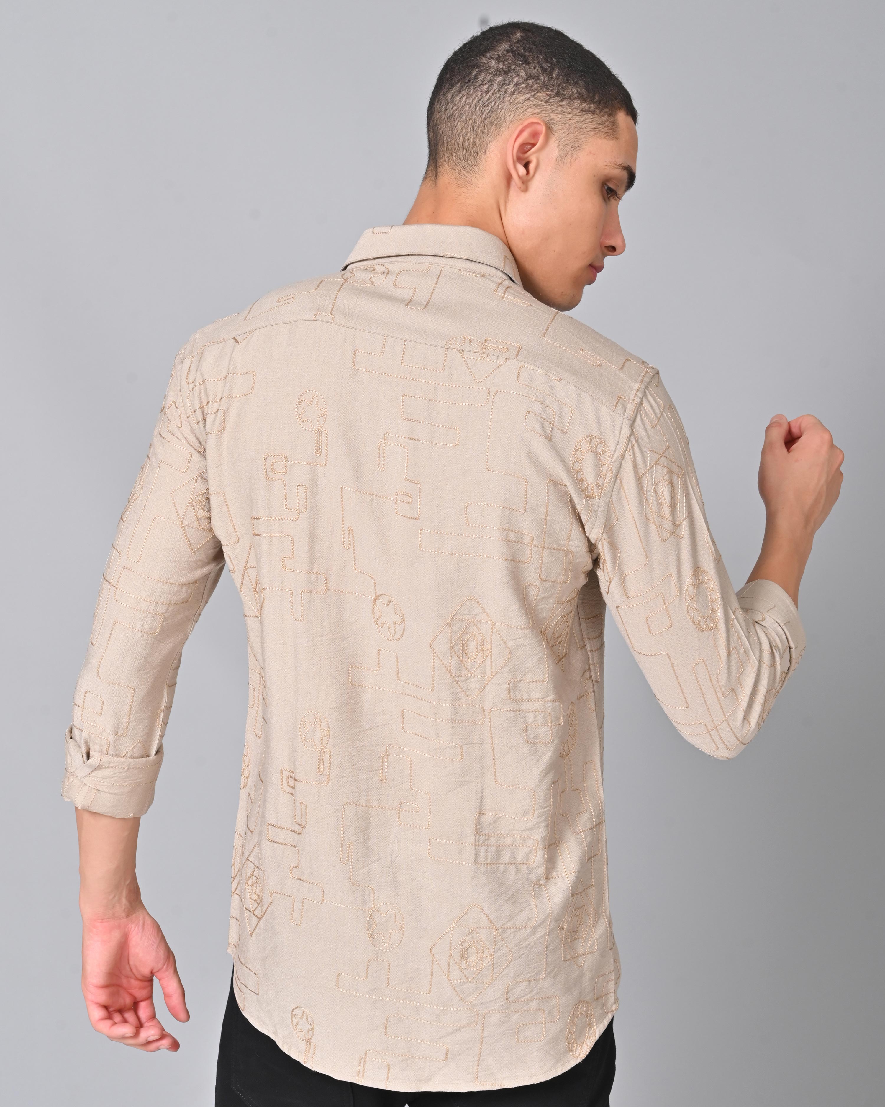 Men's Embroidered Full Sleeve Greyish Peach Shirt