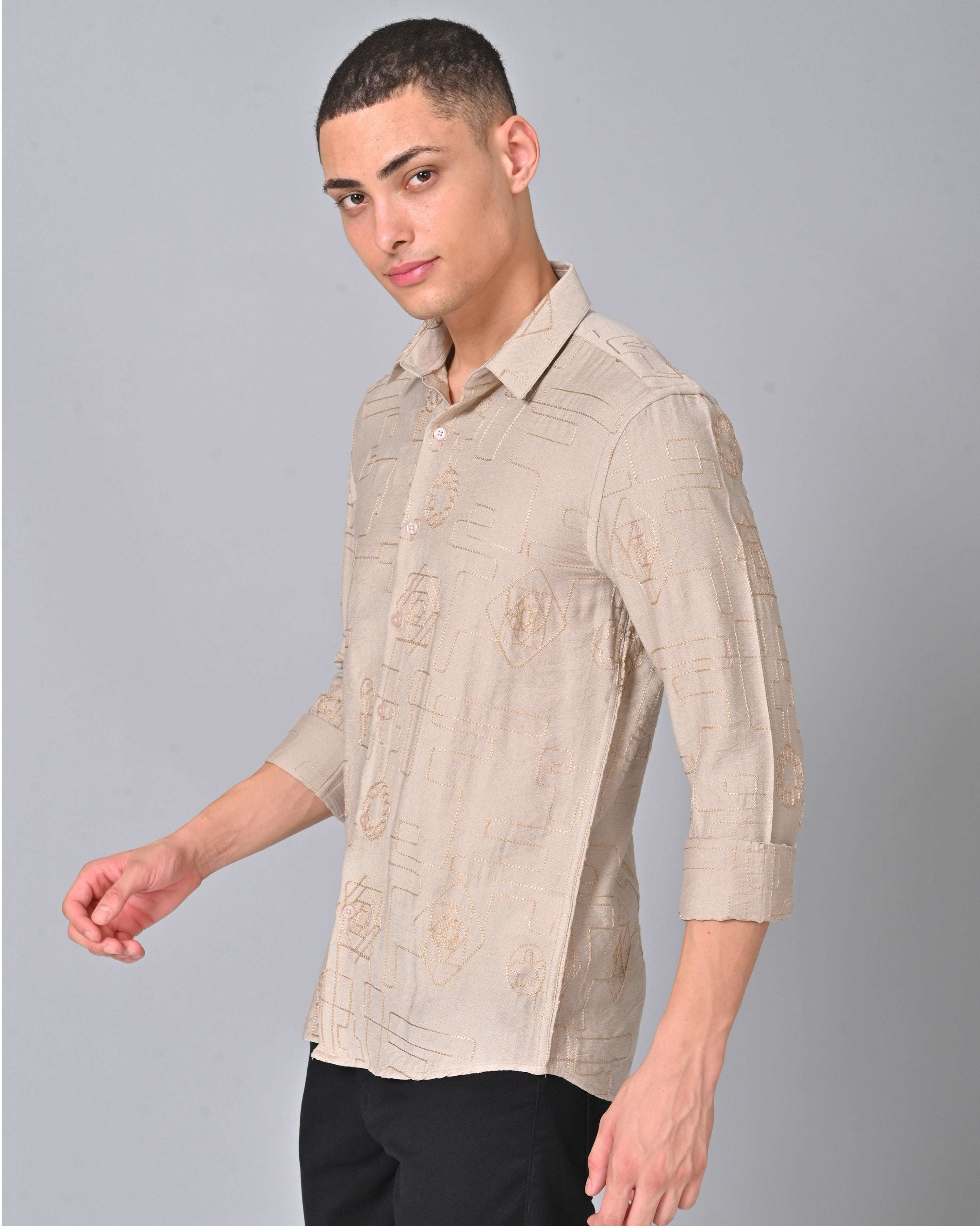 Men's Embroidered Cotton Greyish Peach Shirt