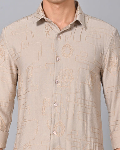 Buy Men's Embroidered Full Sleeve Greyish Peach Shirt