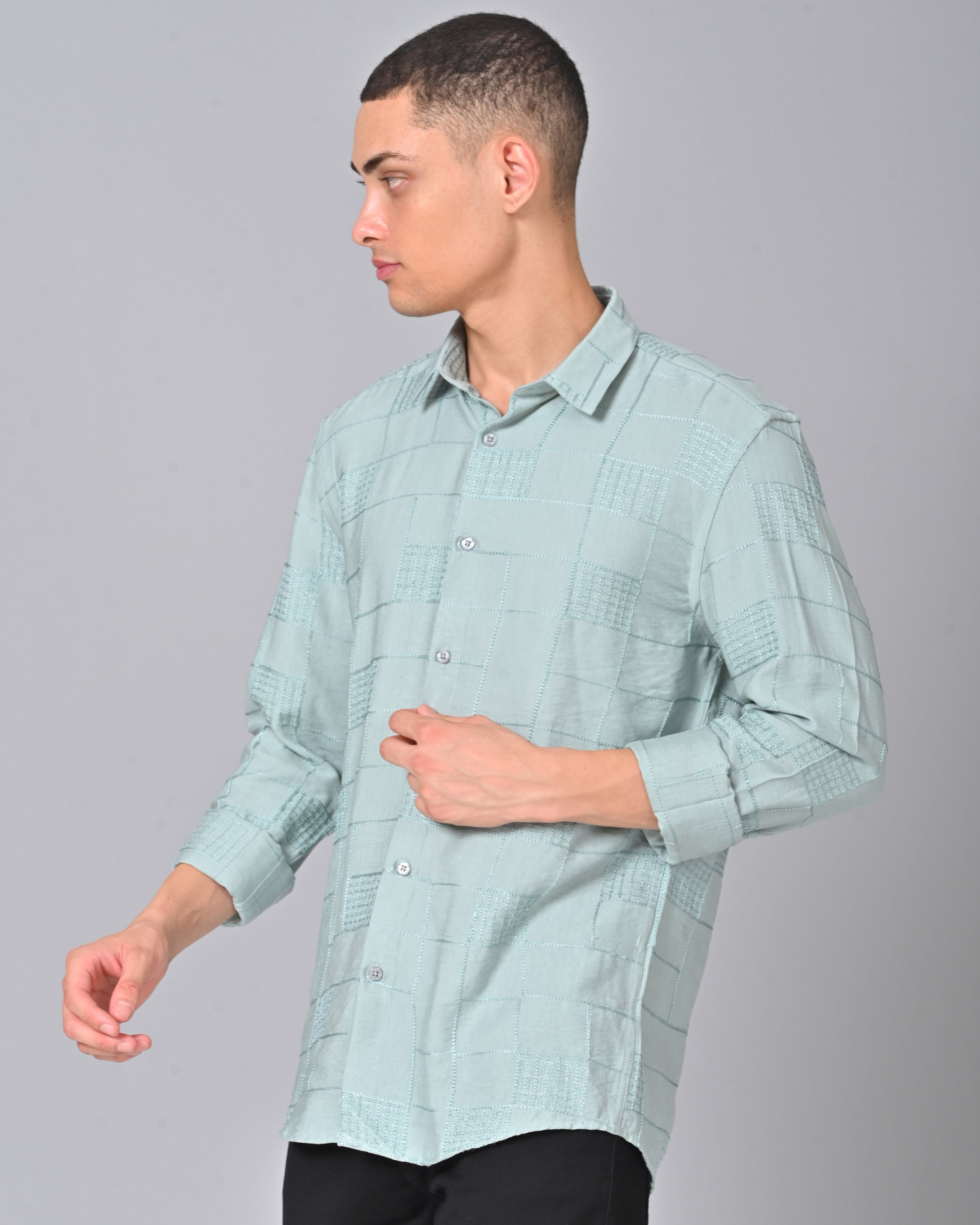 Men's Embroidered Cotton Misty Blue Shirt Online
