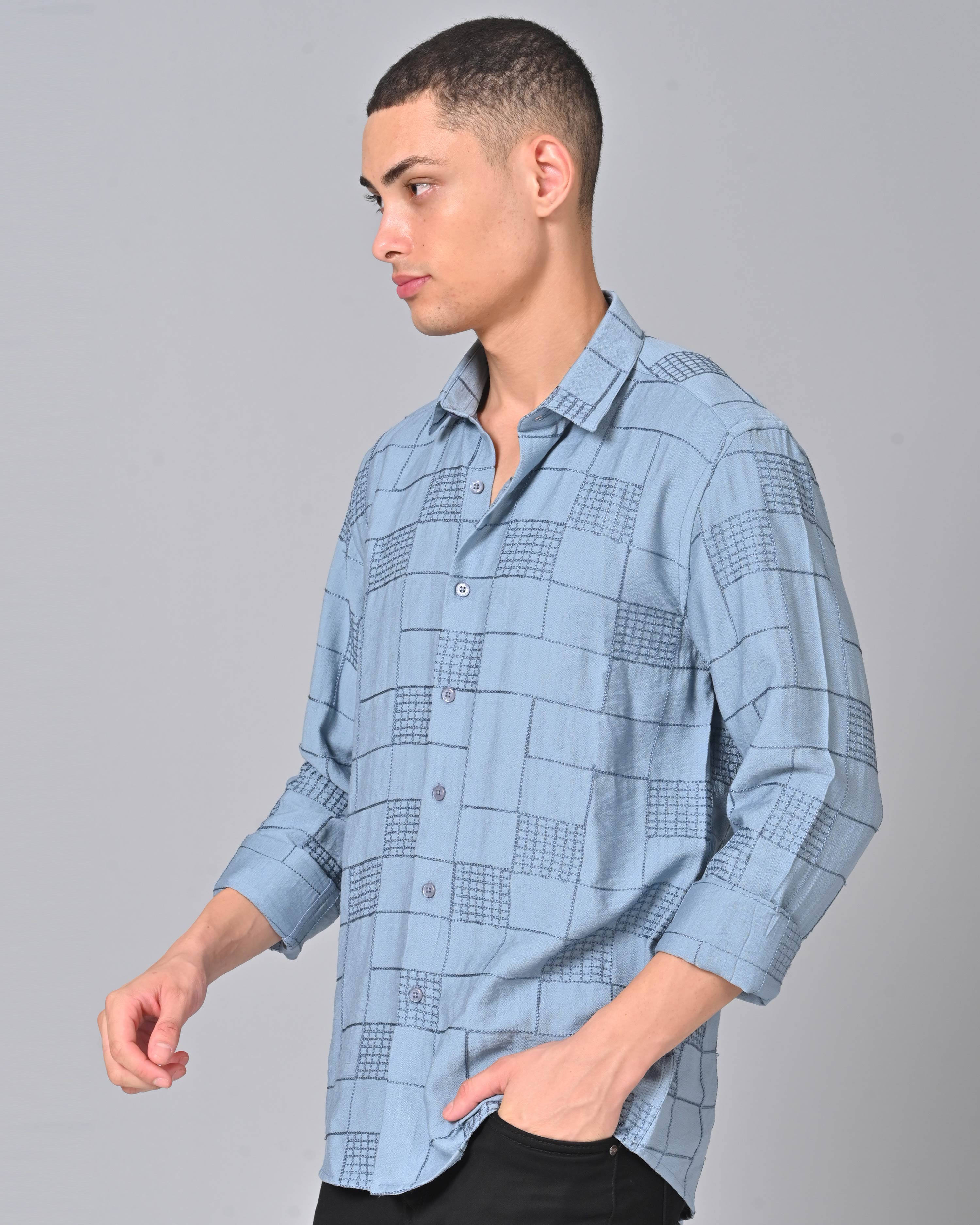 Men's Embroidered Cotton Slate Blue Shirt Online