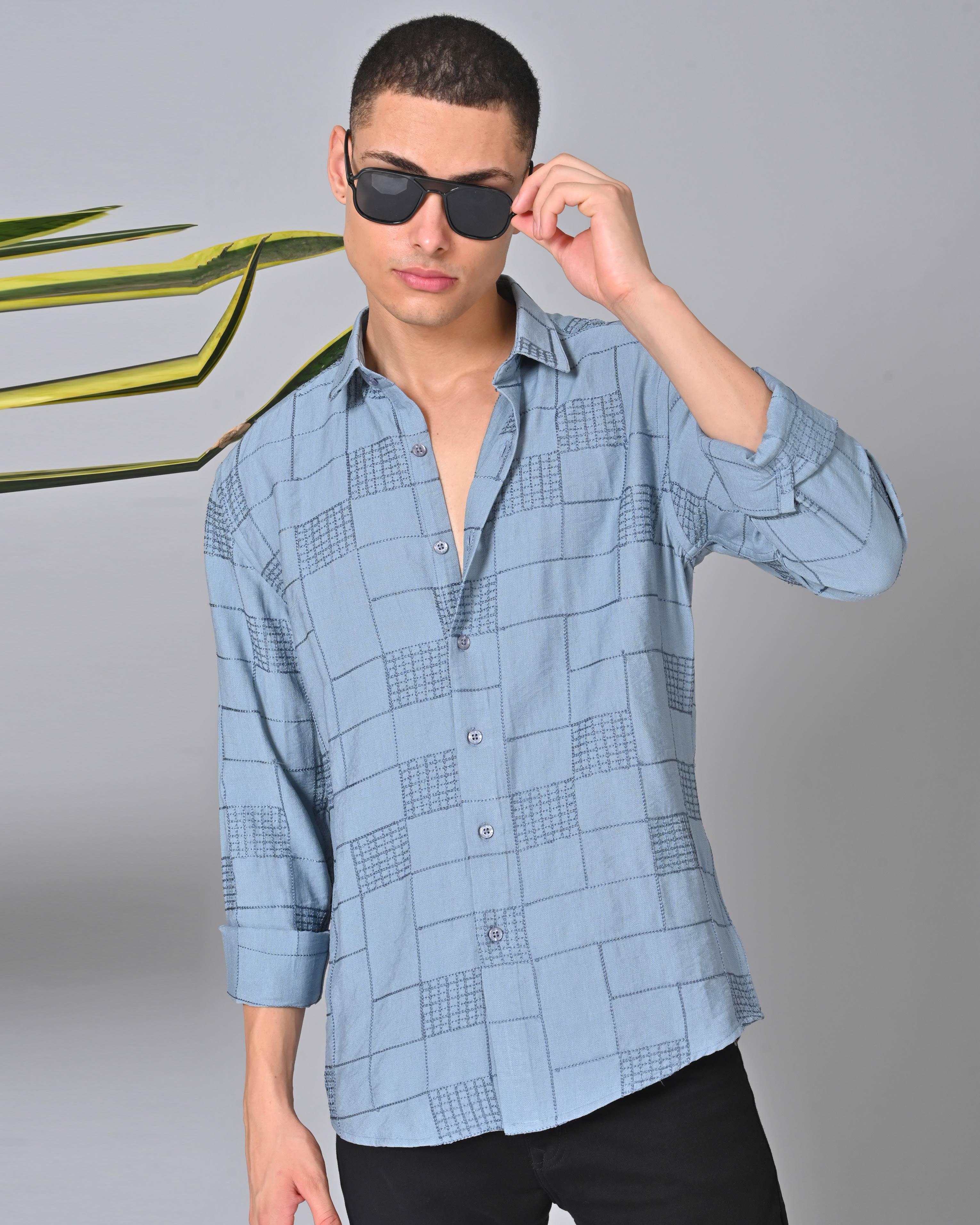 Buy Men's Embroidered Slate Blue Shirt