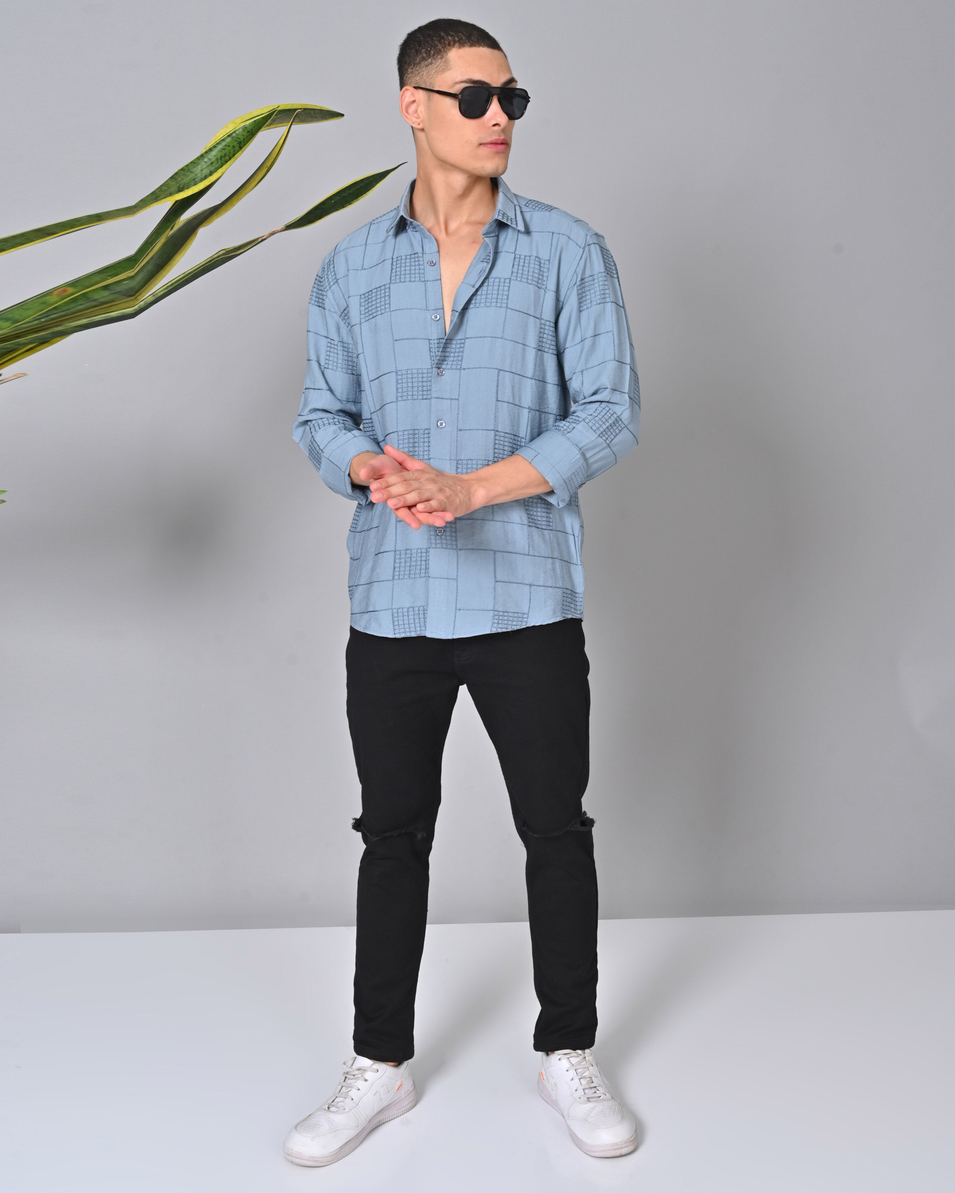 Shop Men's Embroidered Cotton Slate Blue Shirt Online