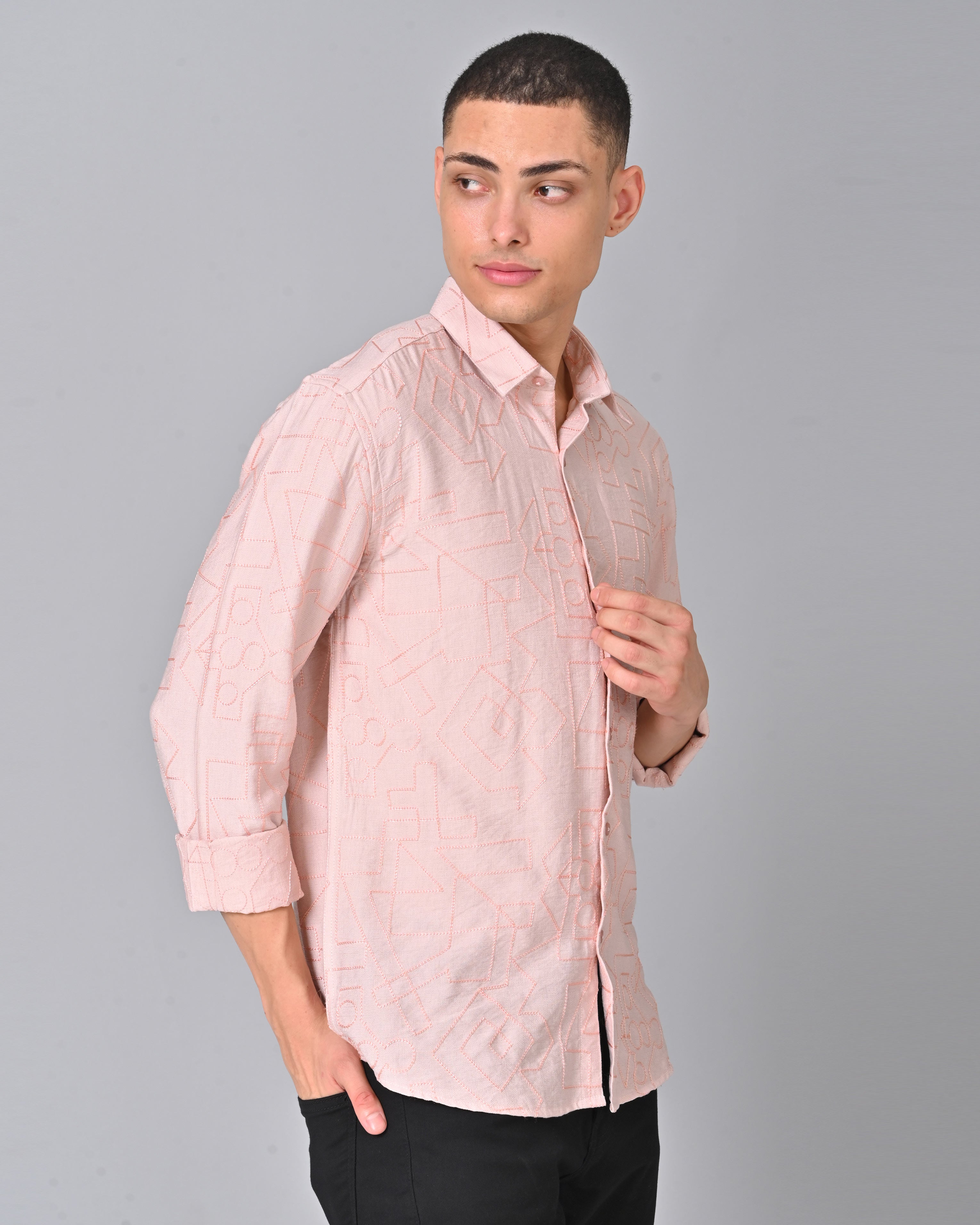 Buy Men's Embroidered Light Pink Cotton Shirt