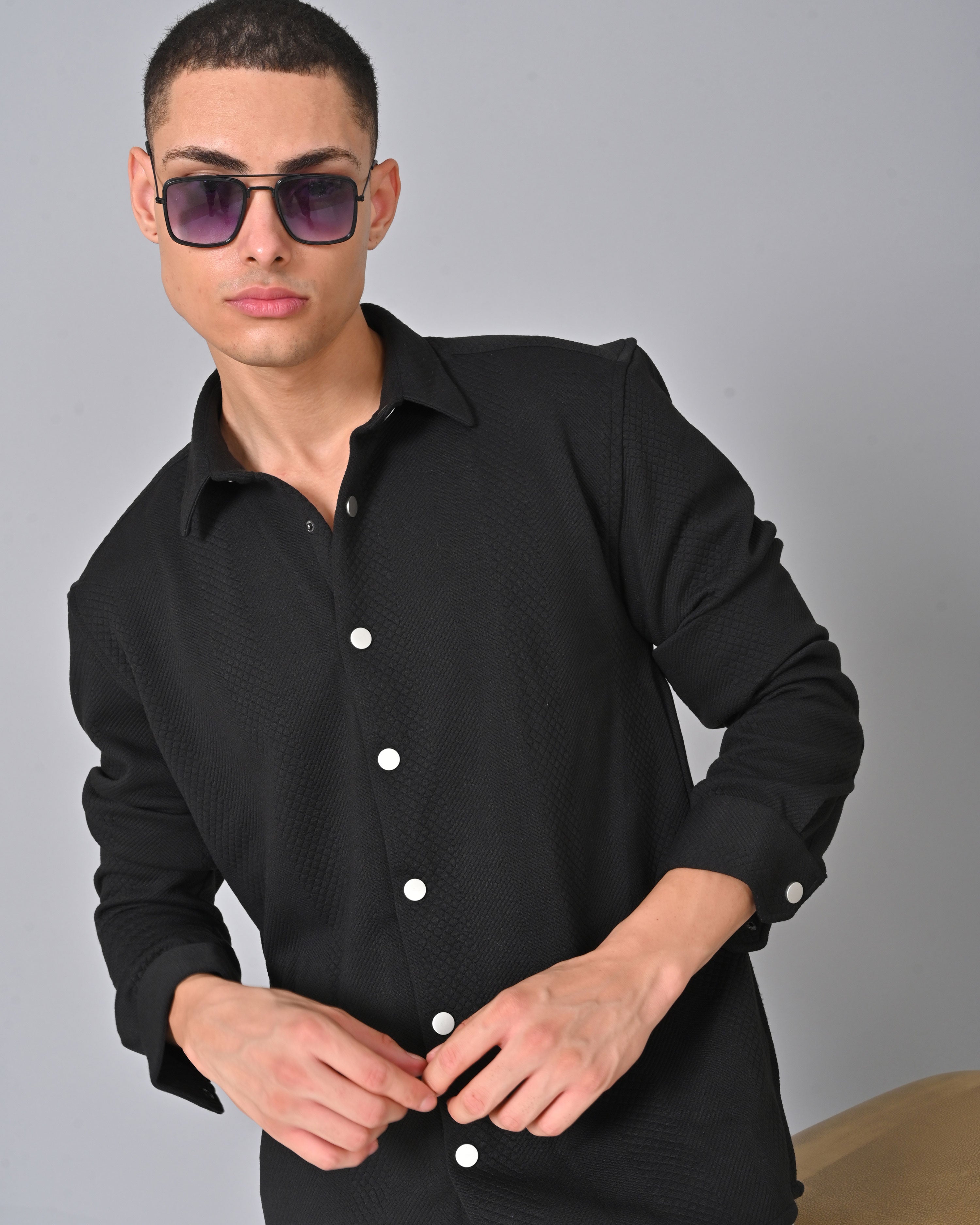 Men's Black Knit Cotton Full Sleeve Shirt Online