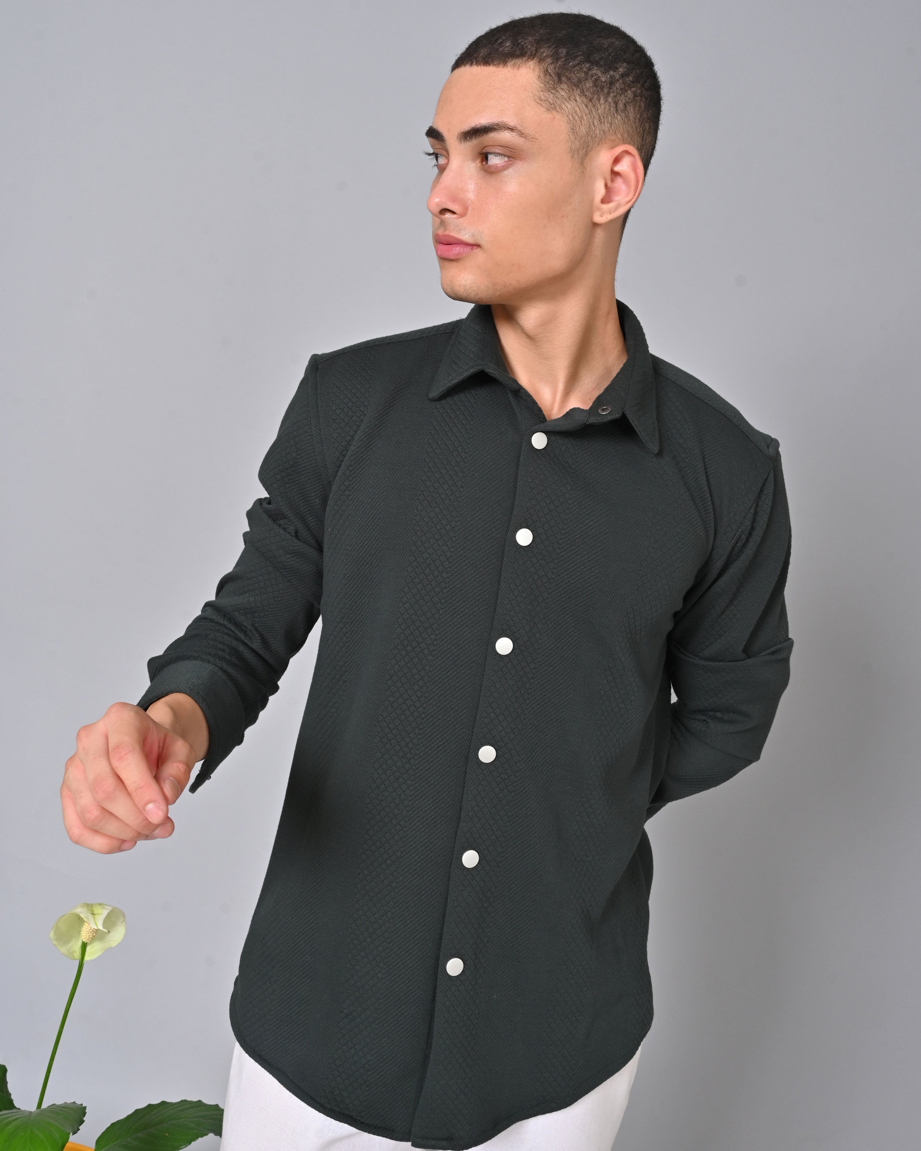 Men's Regular Fit Light Black Full Sleeve  Knit Cotton Shirt