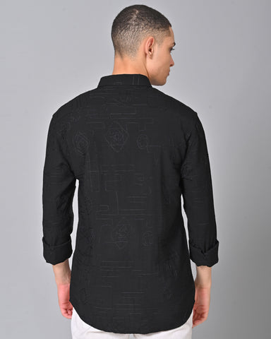 Men's Embroidered Black Cotton Full Sleeve Shirt