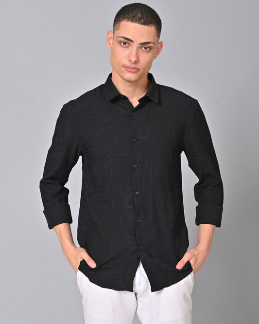 Men's Embroidered Black Full Sleeve Shirt