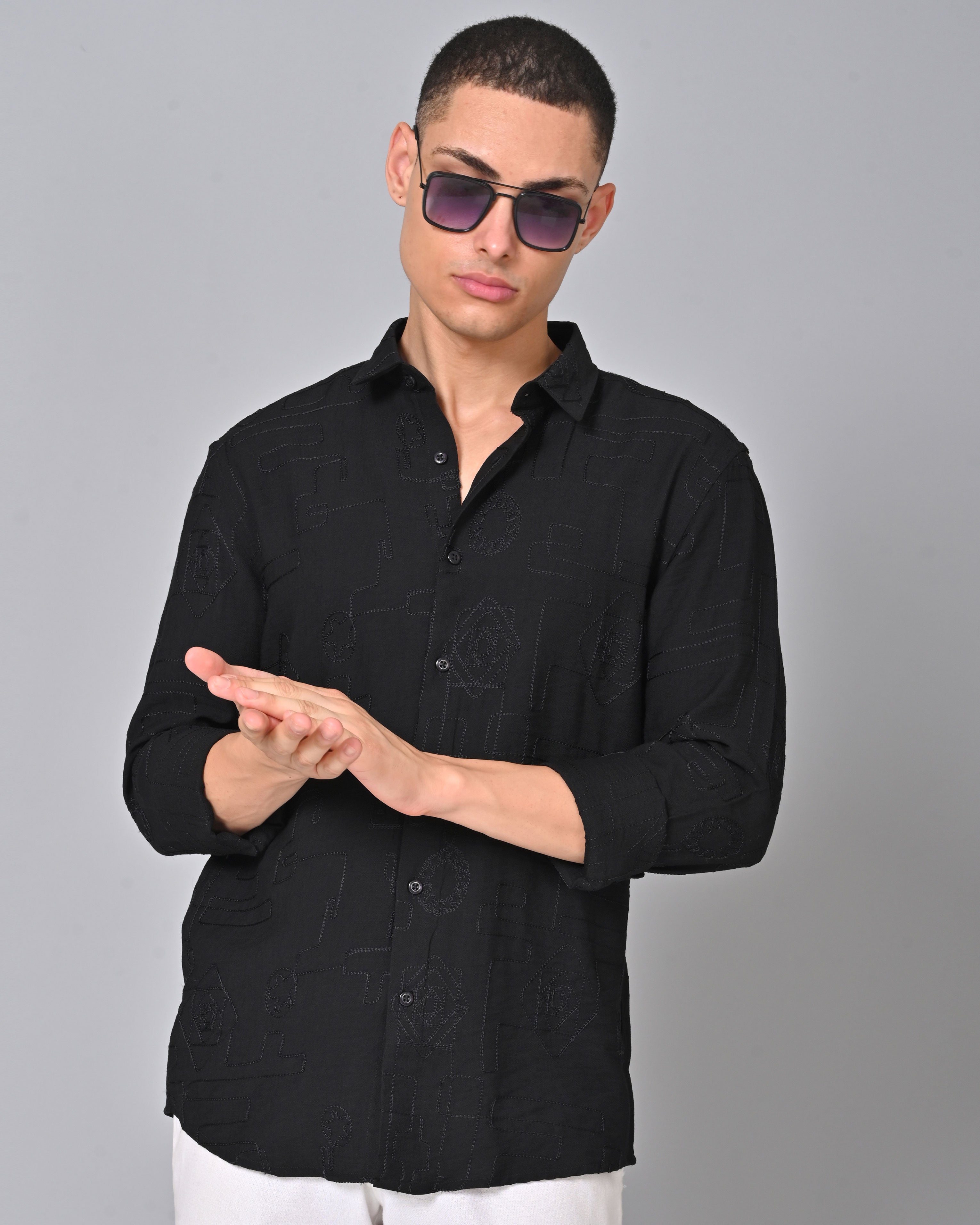 Shop Men's Embroidered Cotton Black Full Sleeve Shirt