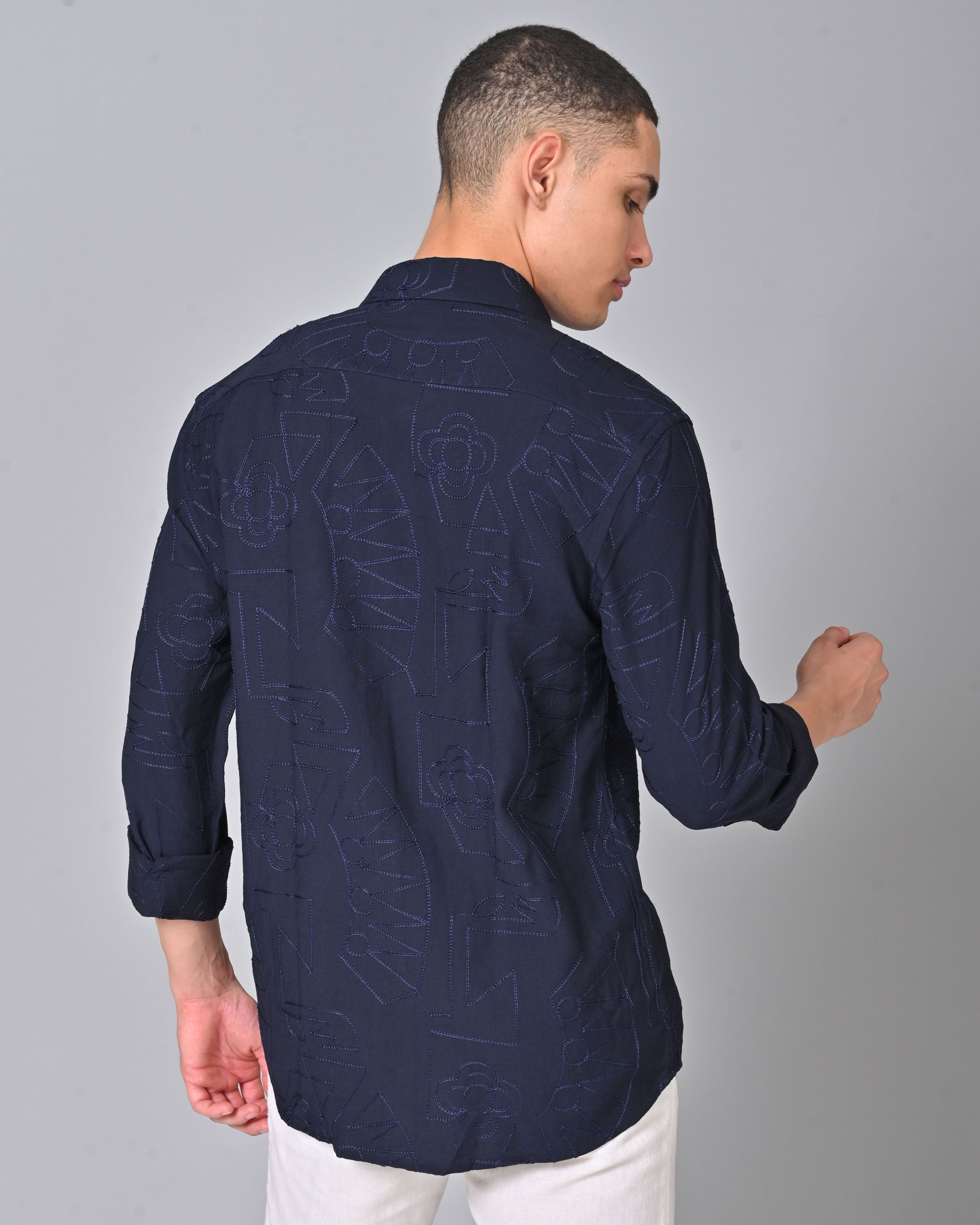 Men's Embroidered Full Sleeve Dark Blue Shirt