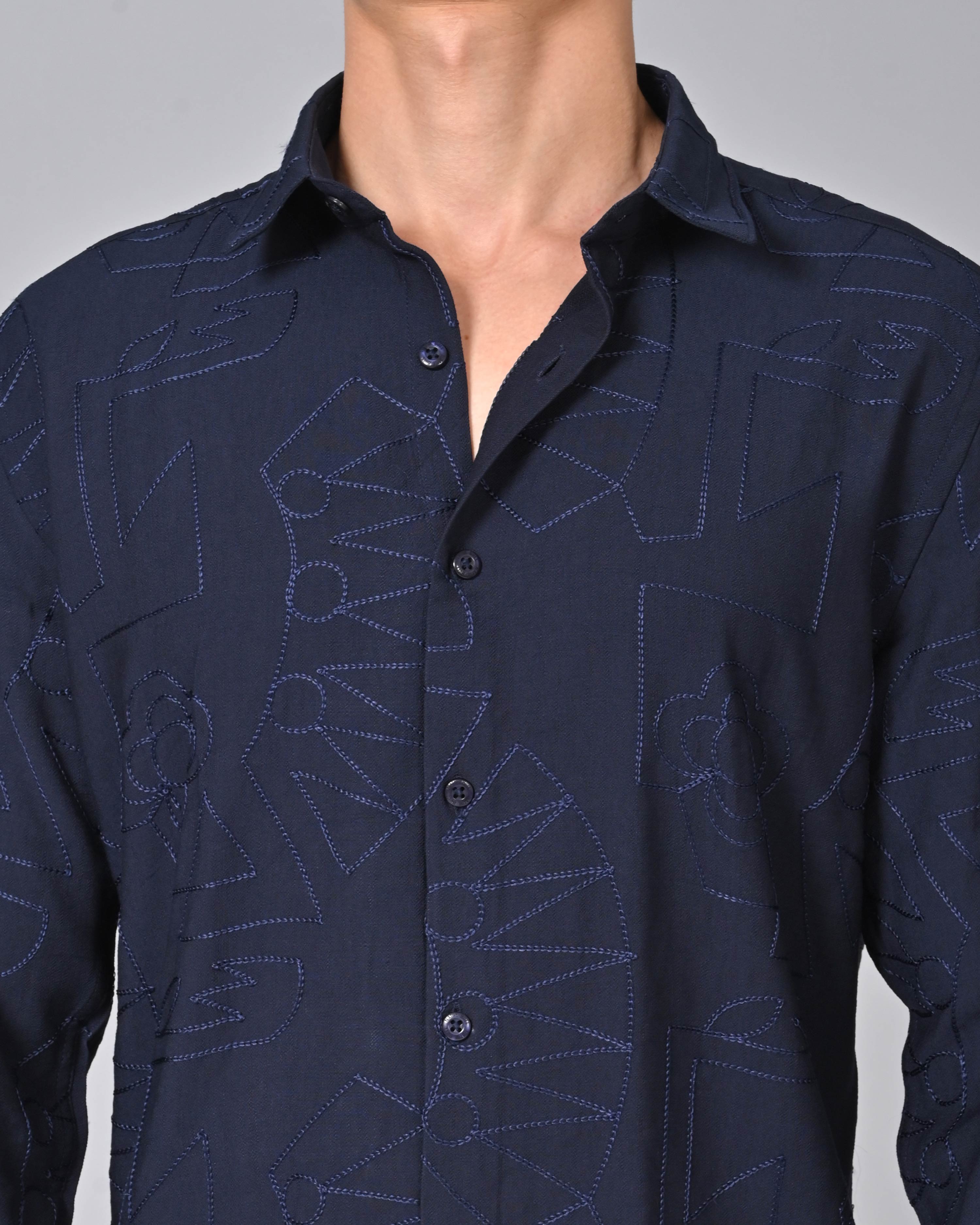 Shop Men's Embroidered Dark Blue Shirt Online