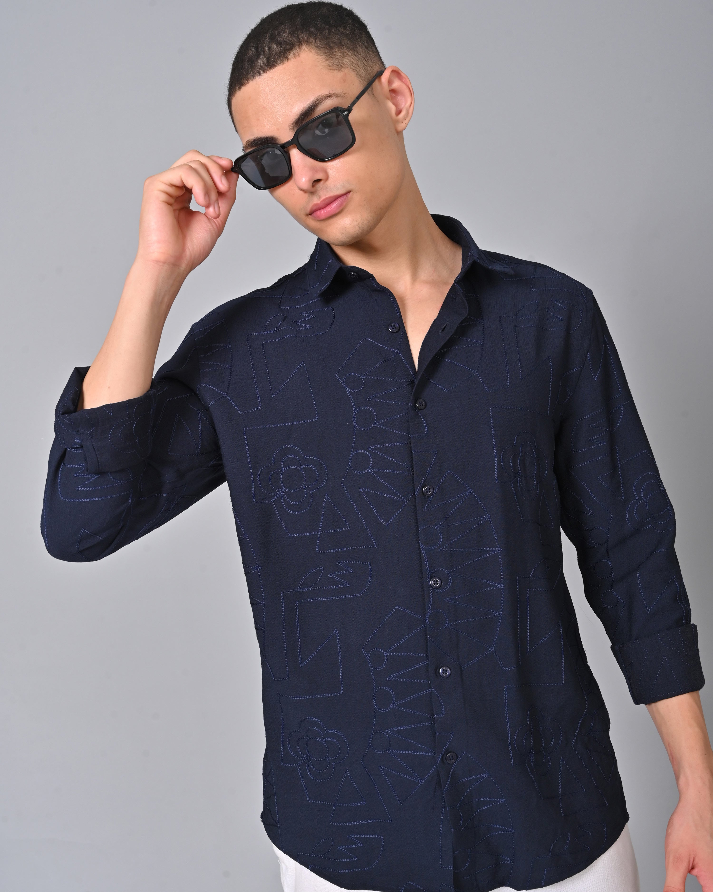 Shop Men's Embroidered Full Sleeve Dark Blue Shirt Online