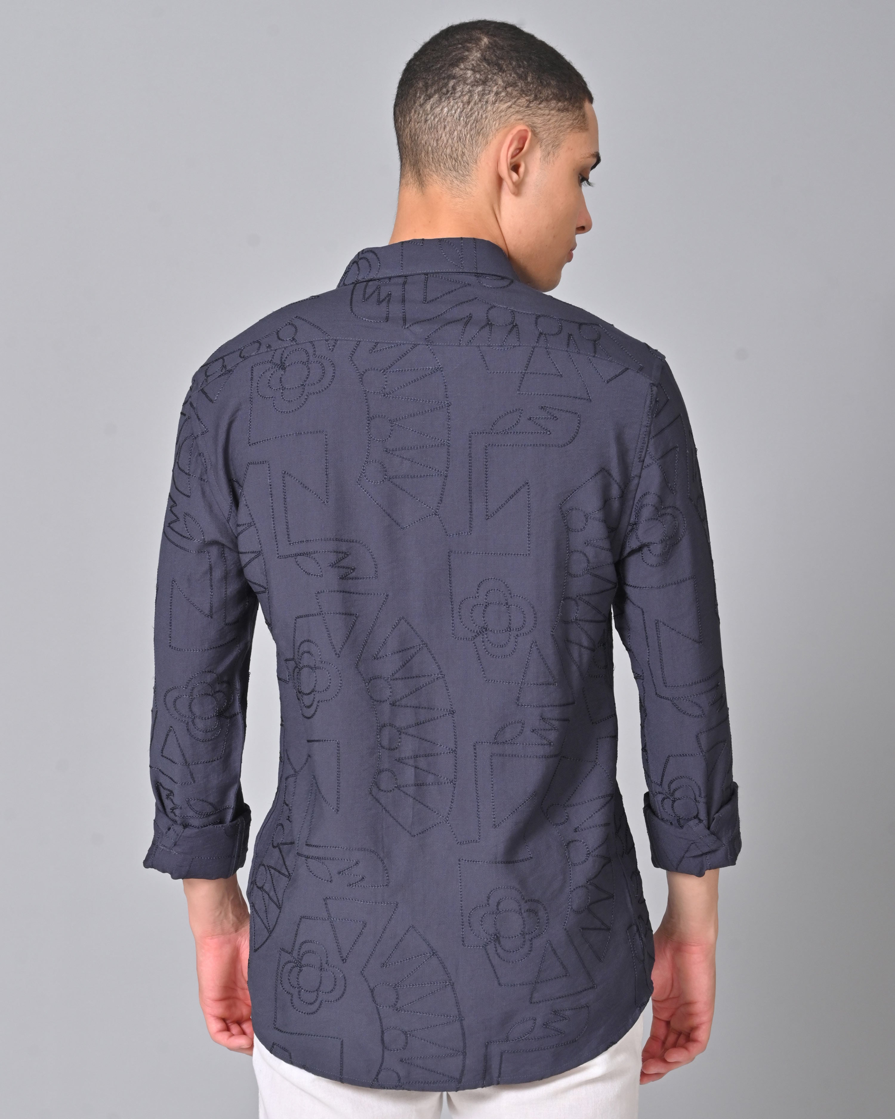 Men's Embroidered Full Sleeve Blue Shirt