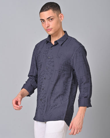 Men's Embroidered Cotton Full Sleeve Blue Shirt