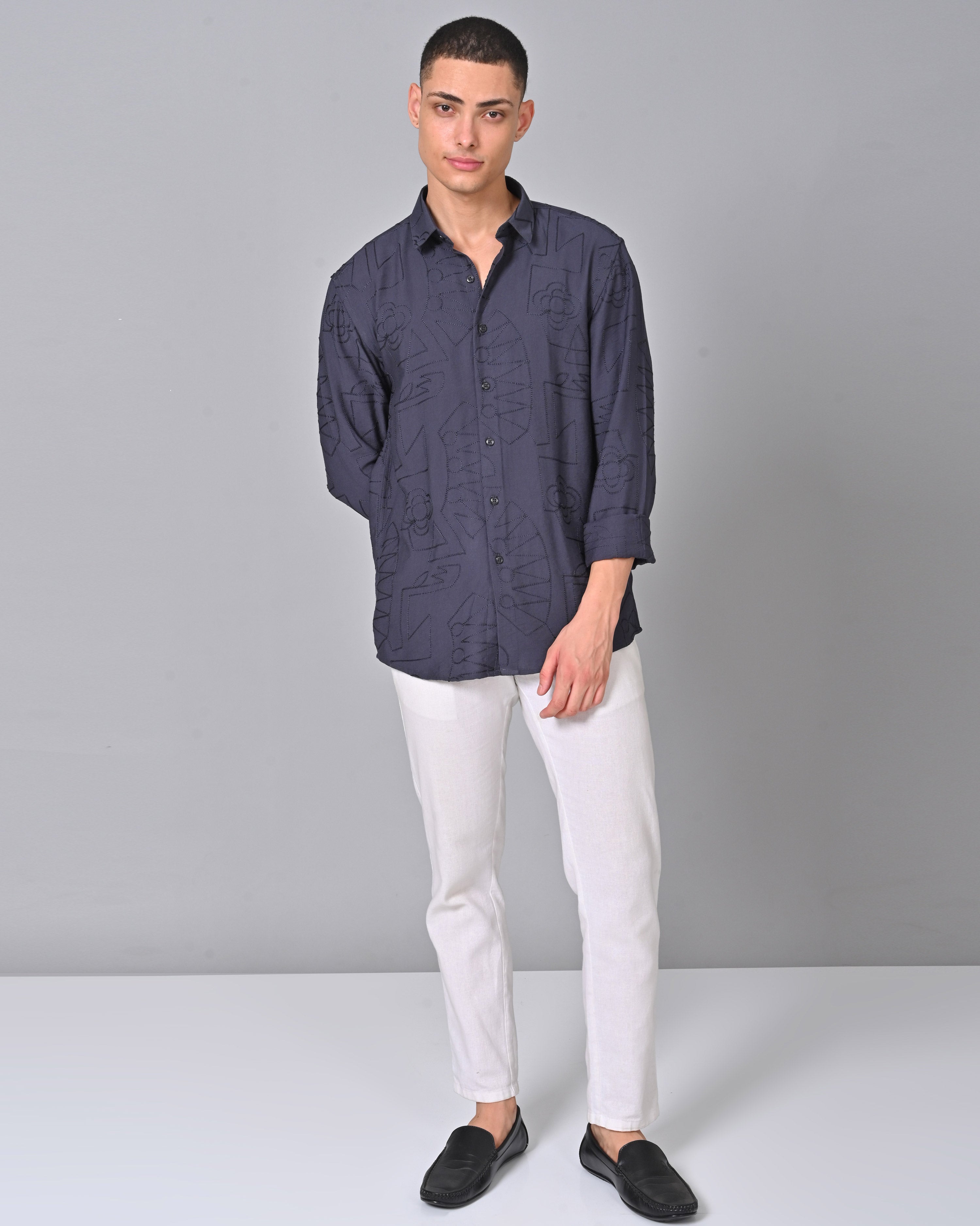 Shop Men's Embroidered Cotton Full Sleeve Blue Shirt