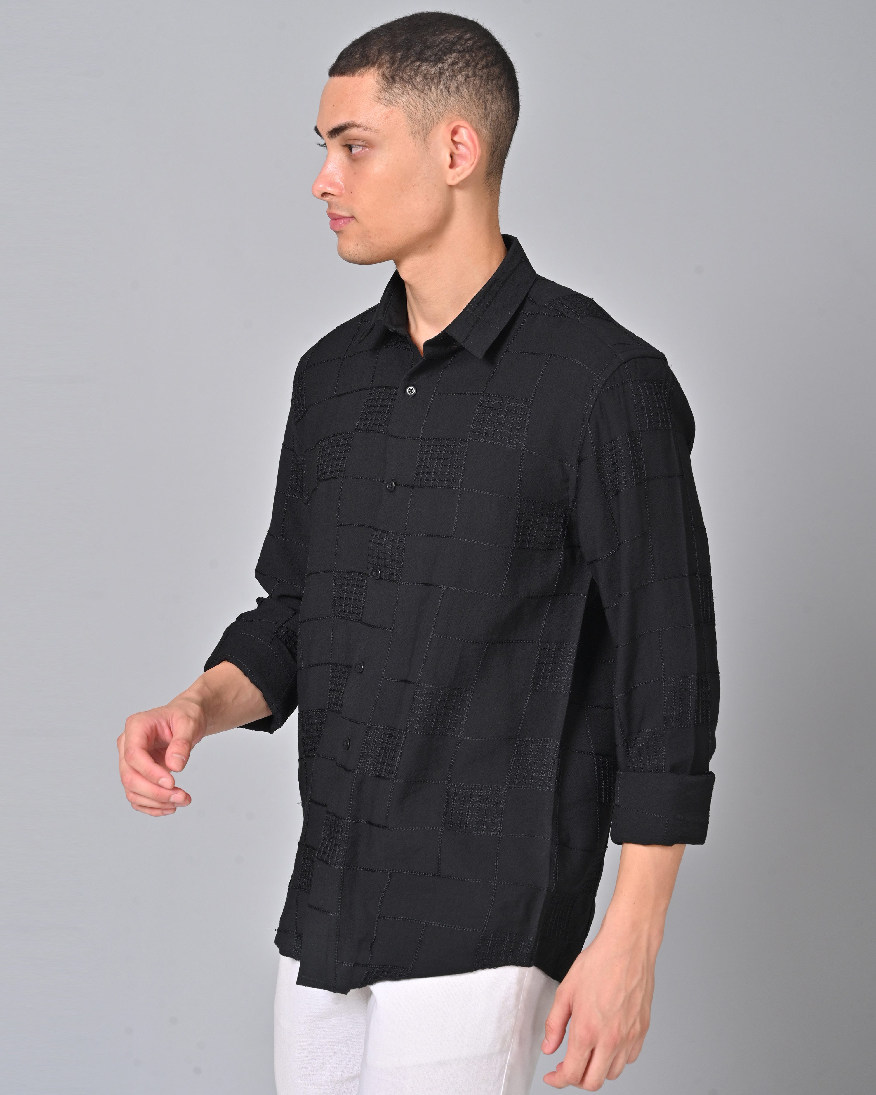 Men's Embroidered Cotton Full Sleeve Black Shirt
