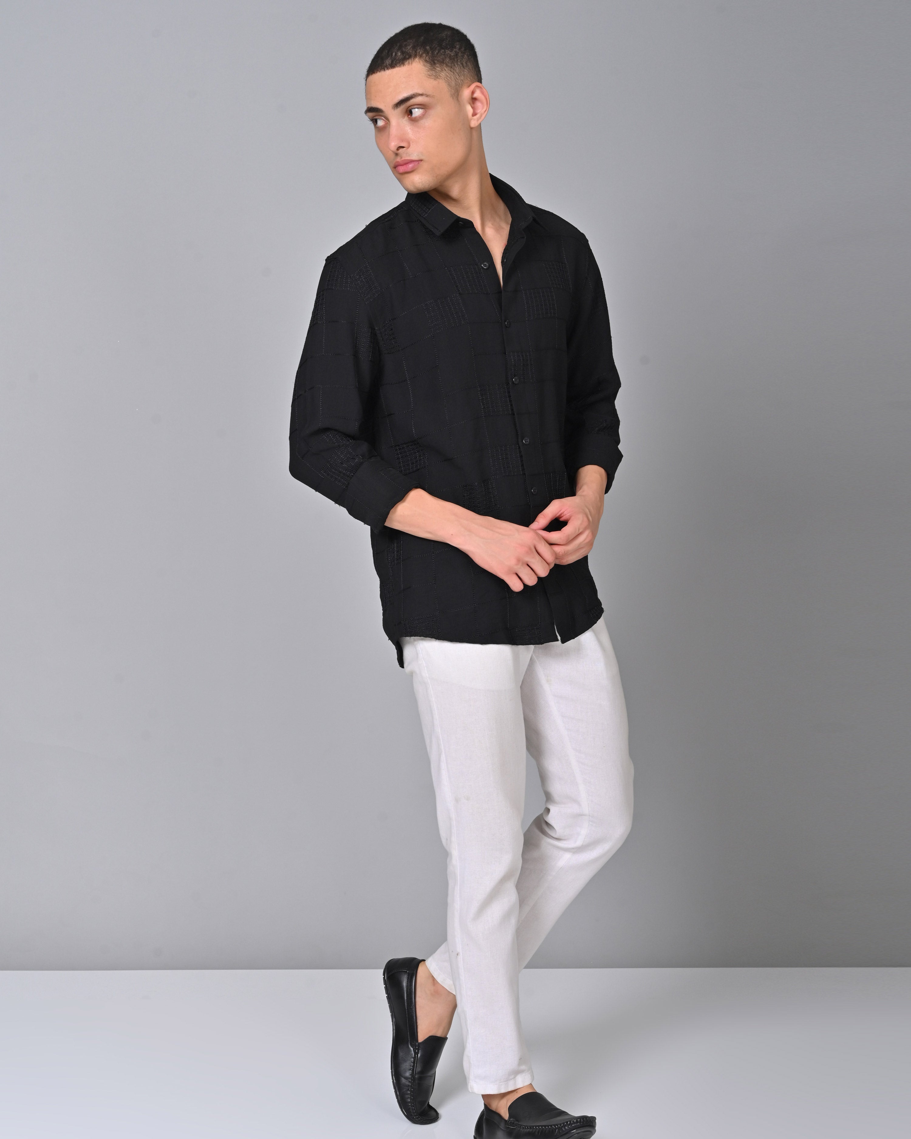 Buy Men's Embroidered Cotton Full Sleeve Black Shirt