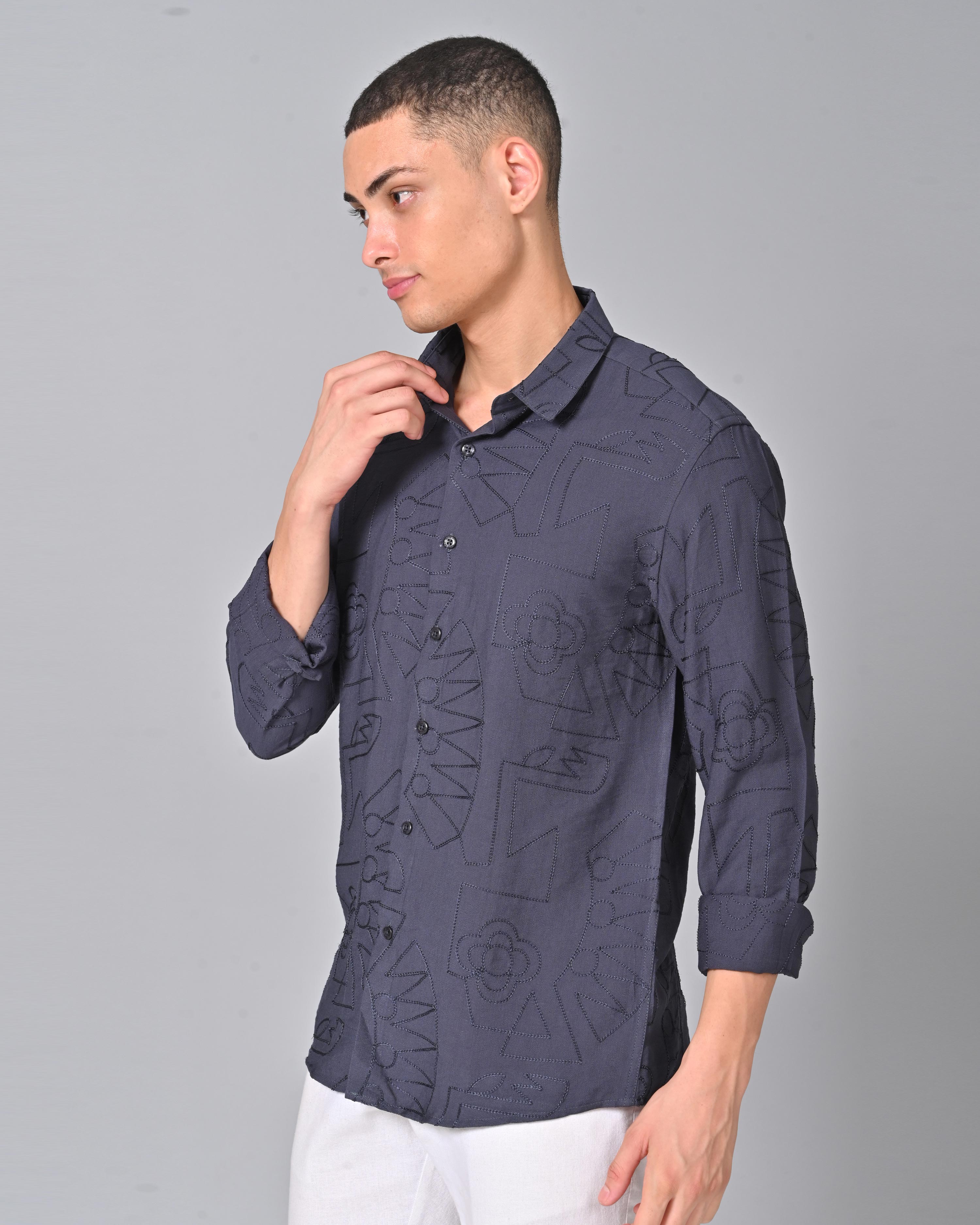 Men's Embroidered Full Sleeve Dark Blue Shirt