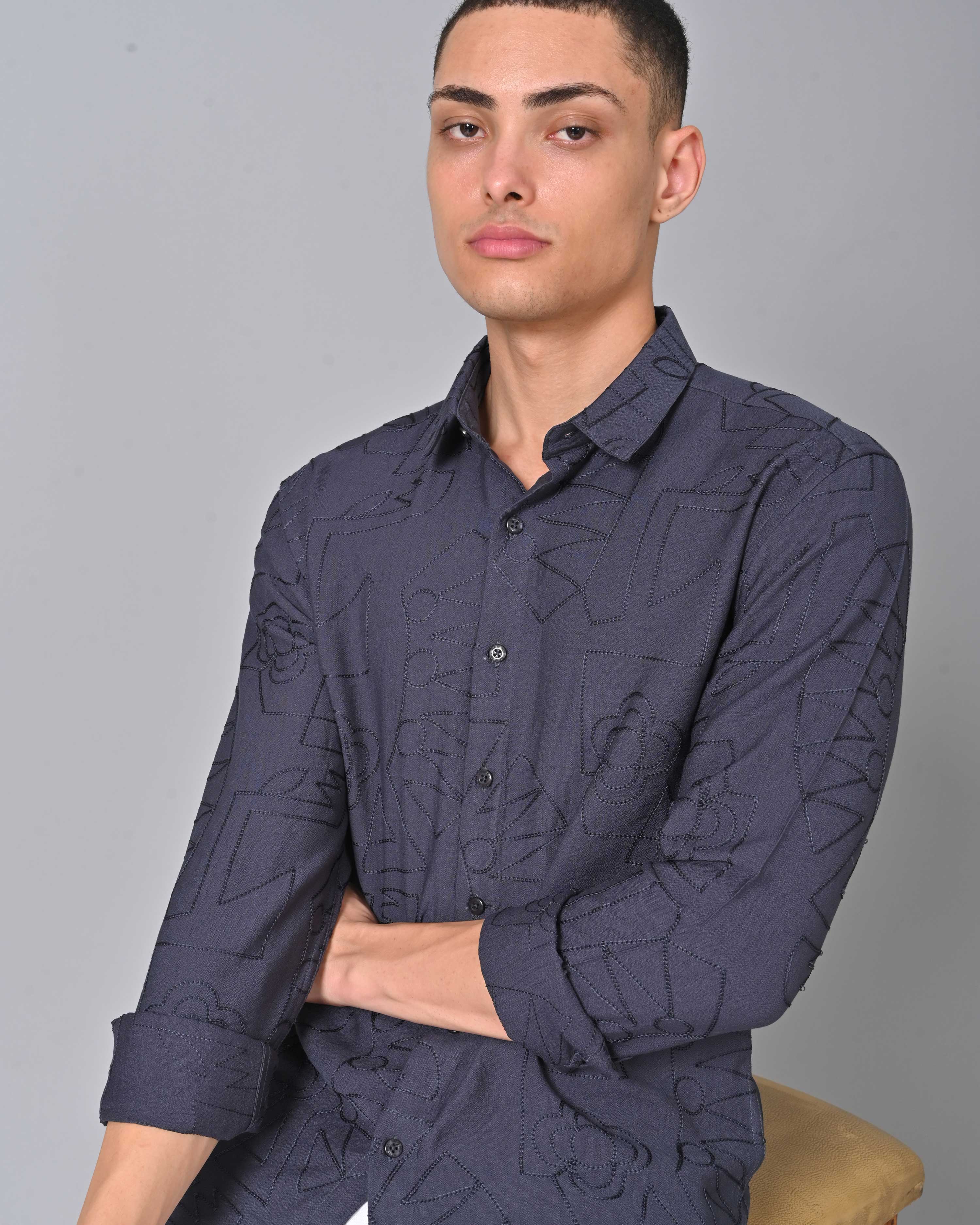 Shop Men's Embroidered Full Sleeve Dark Blue Shirt Online