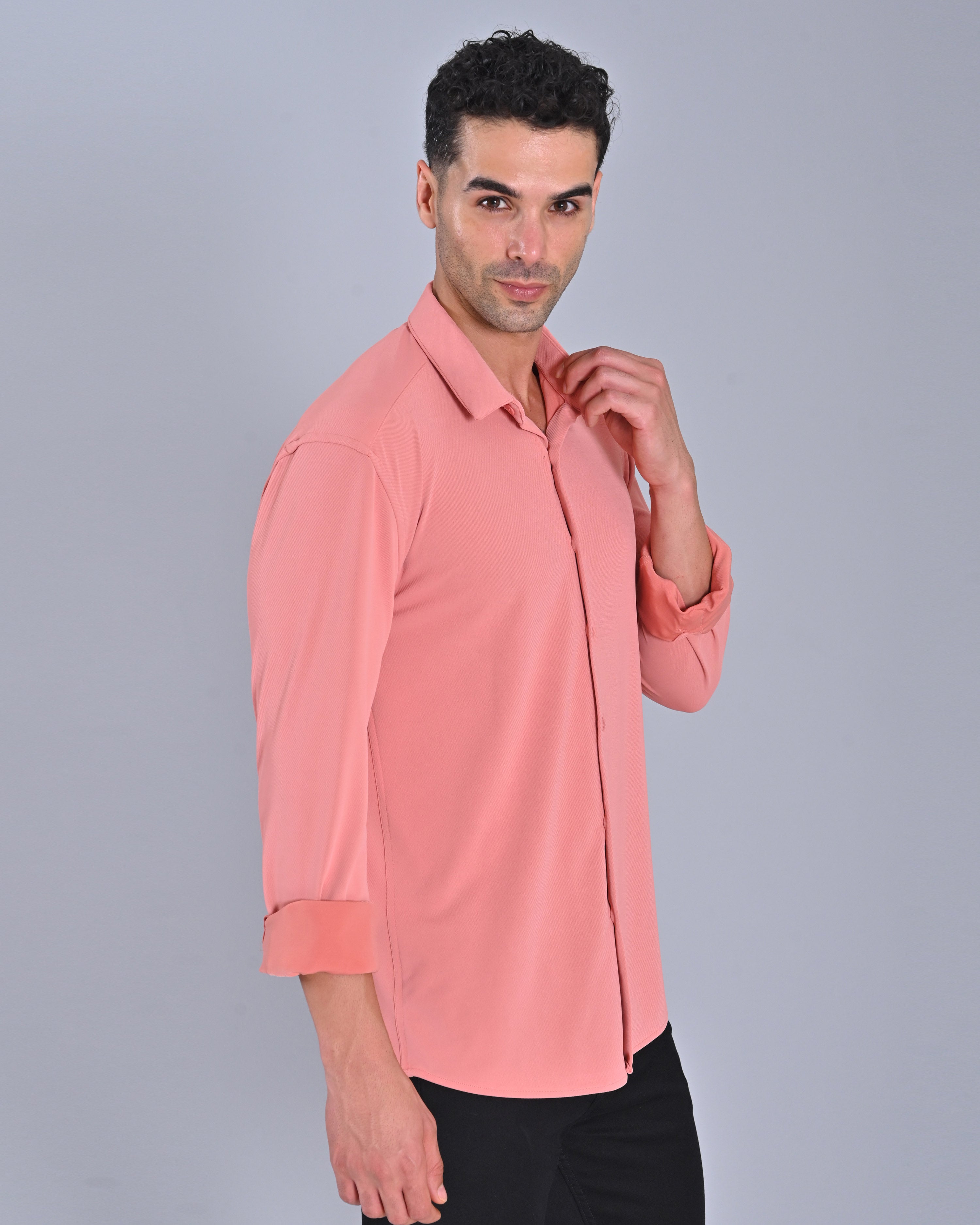 Men's Salmon Pink Full Sleeve Cross Knit Shirt