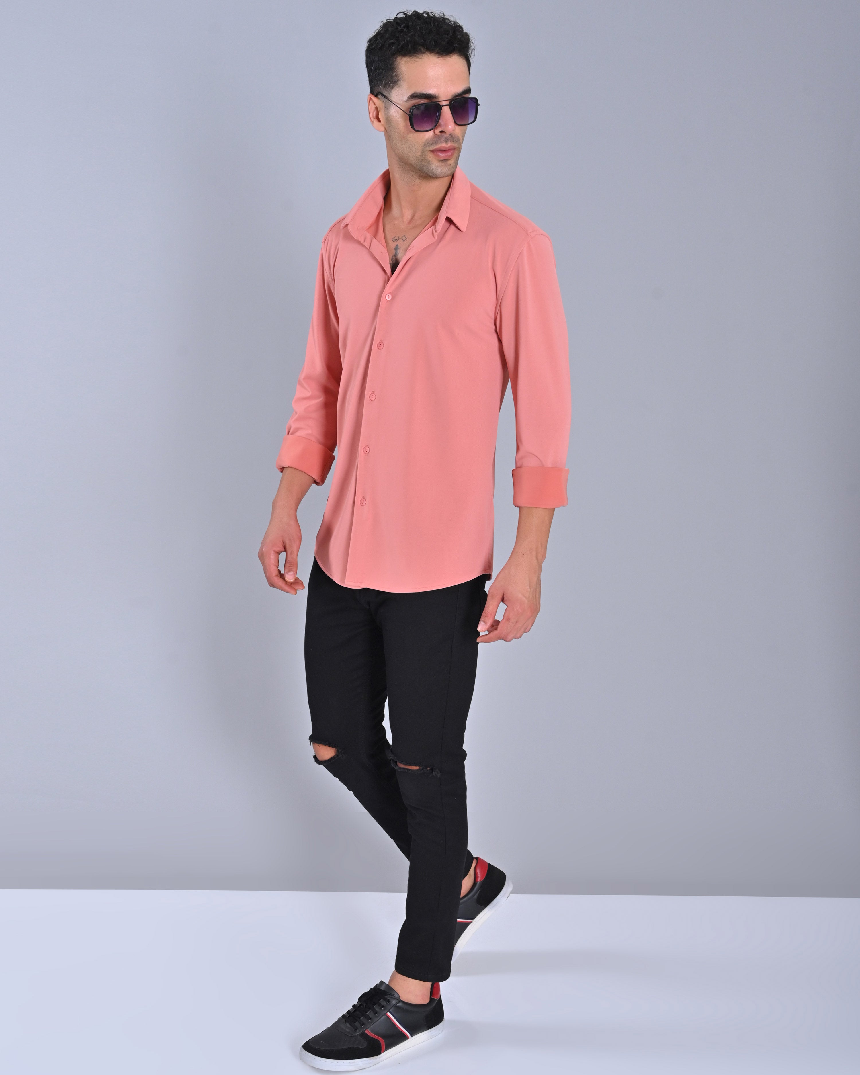 Shop Men's Salmon Pink Full Sleeve Cross Knit Shirt Online