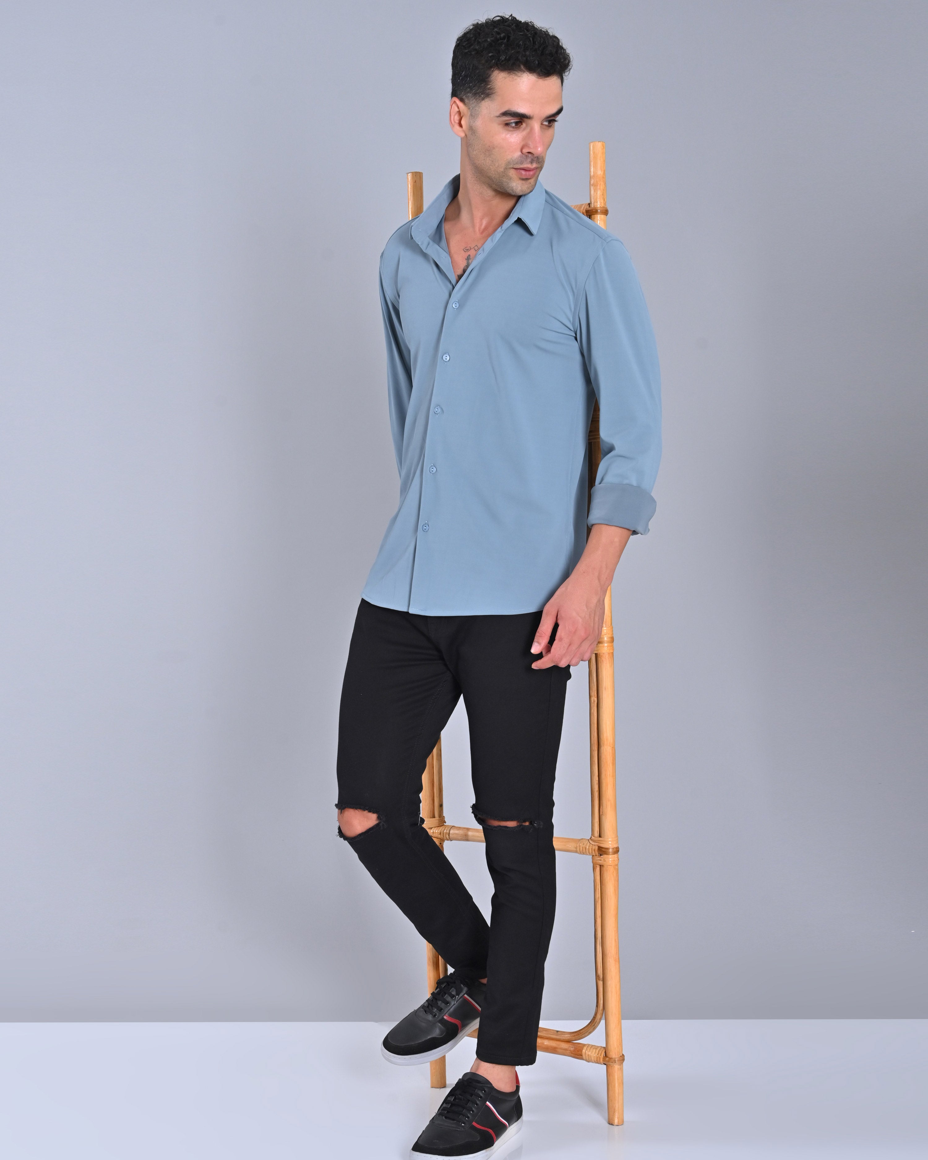 Shop Men's Solid Blue Full Sleeve Cross Knit Shirt Online