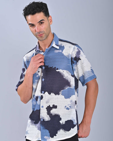Buy Men's Blue Spread Collar Tweed Shirt Online