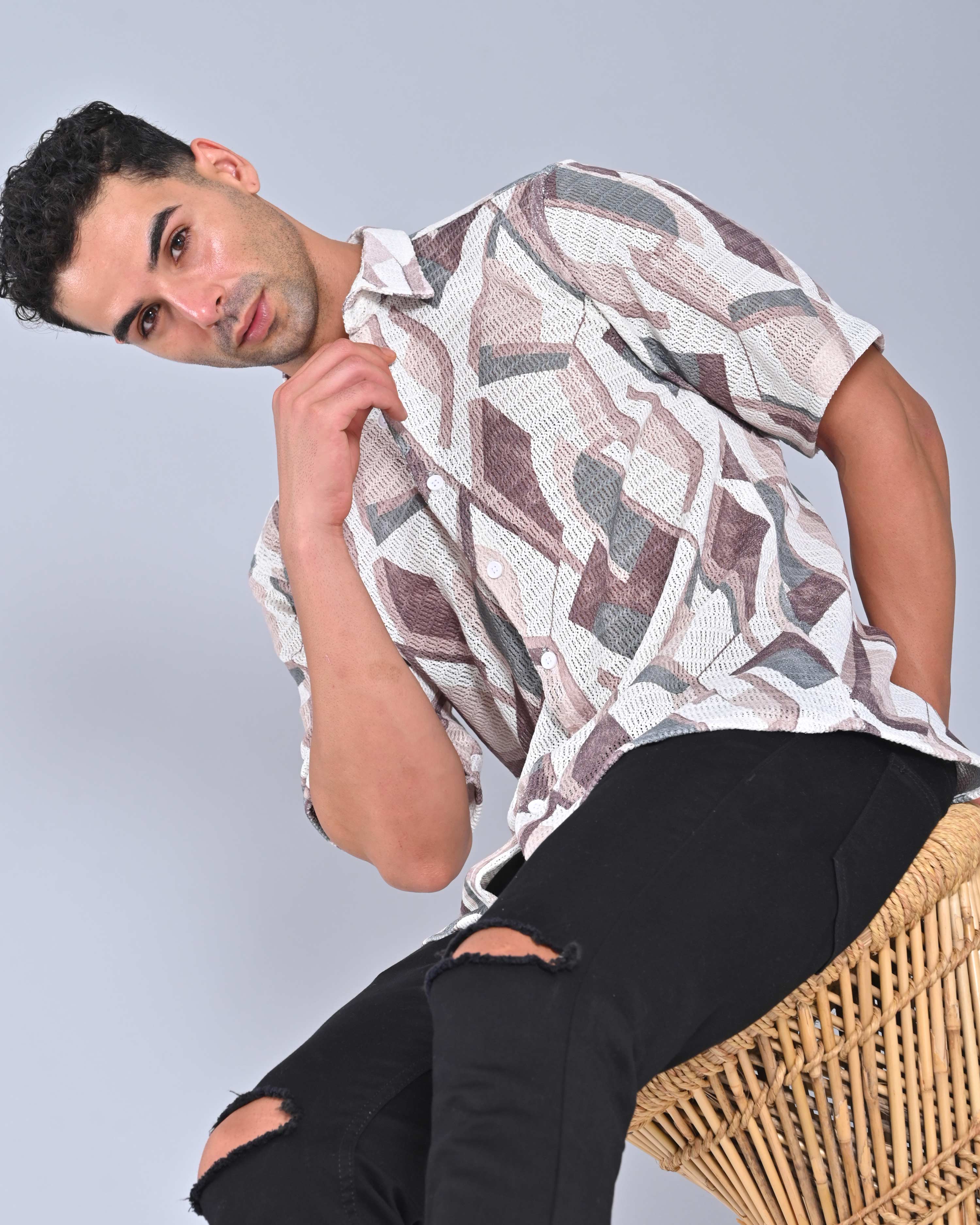 Men's Taupe Grey Spread Collar Tweed Shirt 